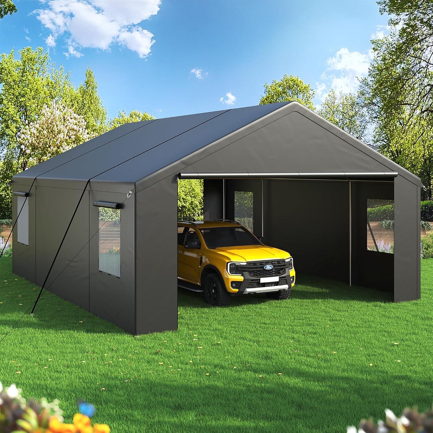 20 x 20FT Carport Canopy Heavy Duty Car Port with Windows , Side-Opening Door