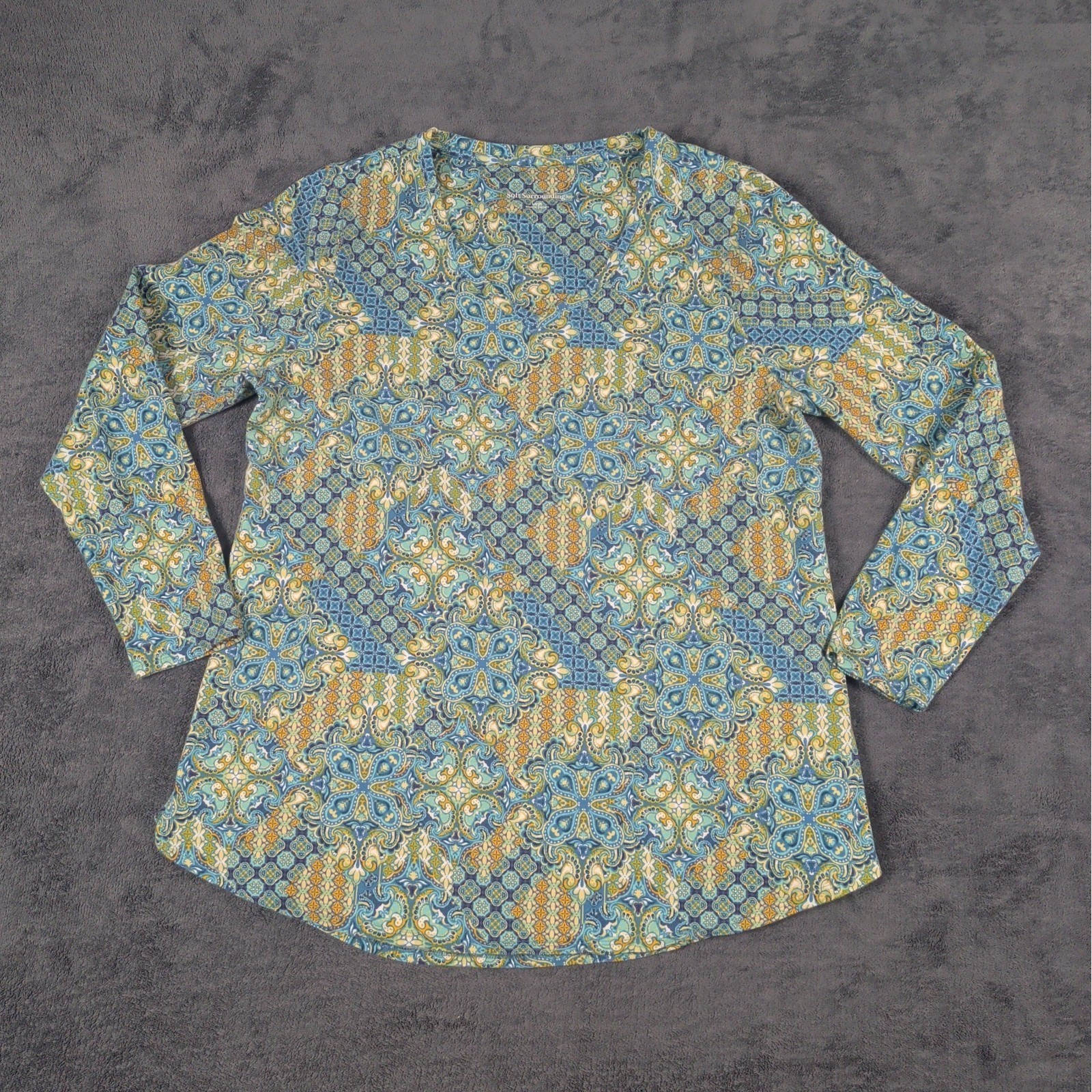 Soft Surroundings Tunic Womens Large Blue Green Paisley Long Sleeve