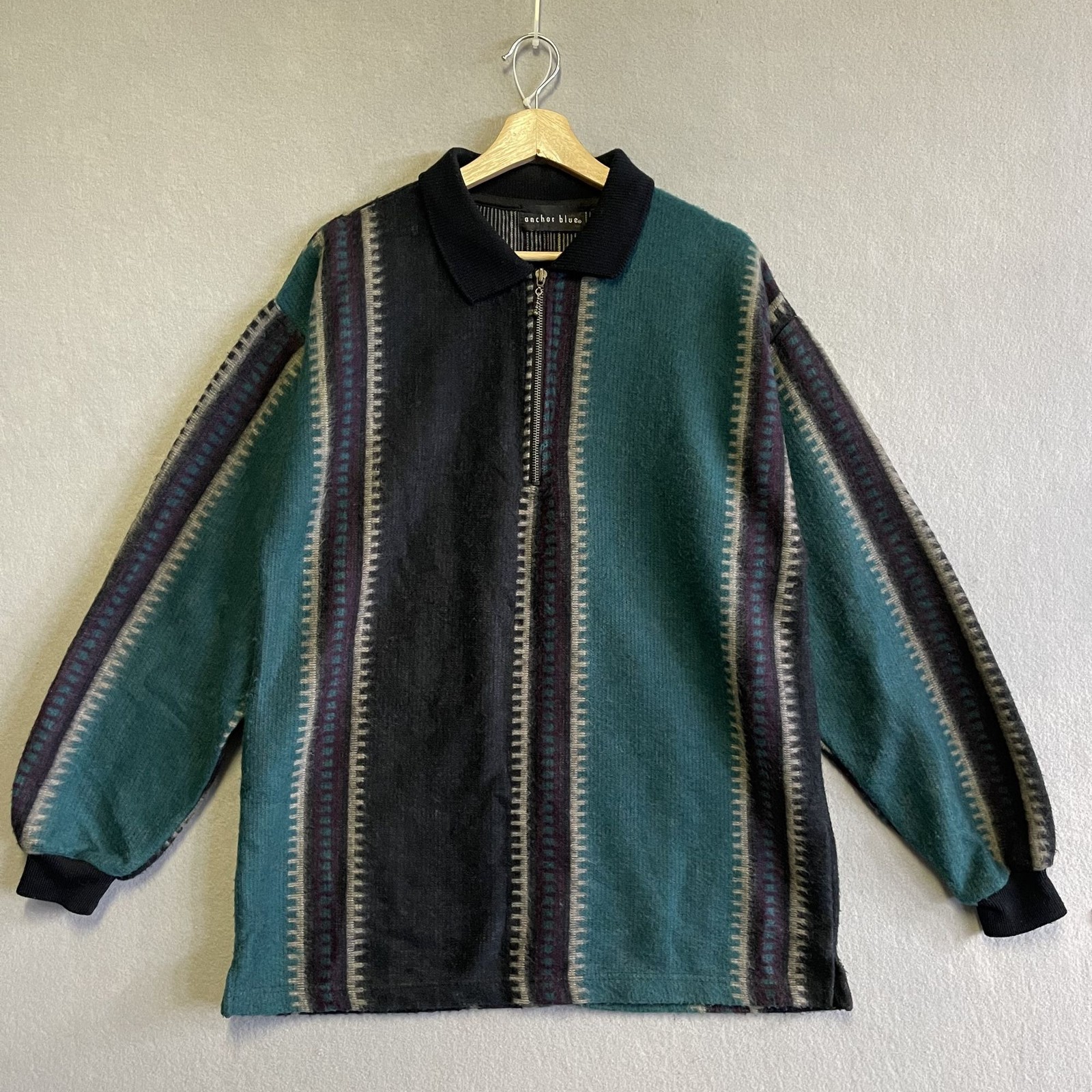 Vintage Anchor Blue Quarter-Zip Long-Sleeve Green Black Geometric Stripe M Vintage Anchor Blue Quarter-Zip Long-Sleeve Green Black Geometric Stripe M