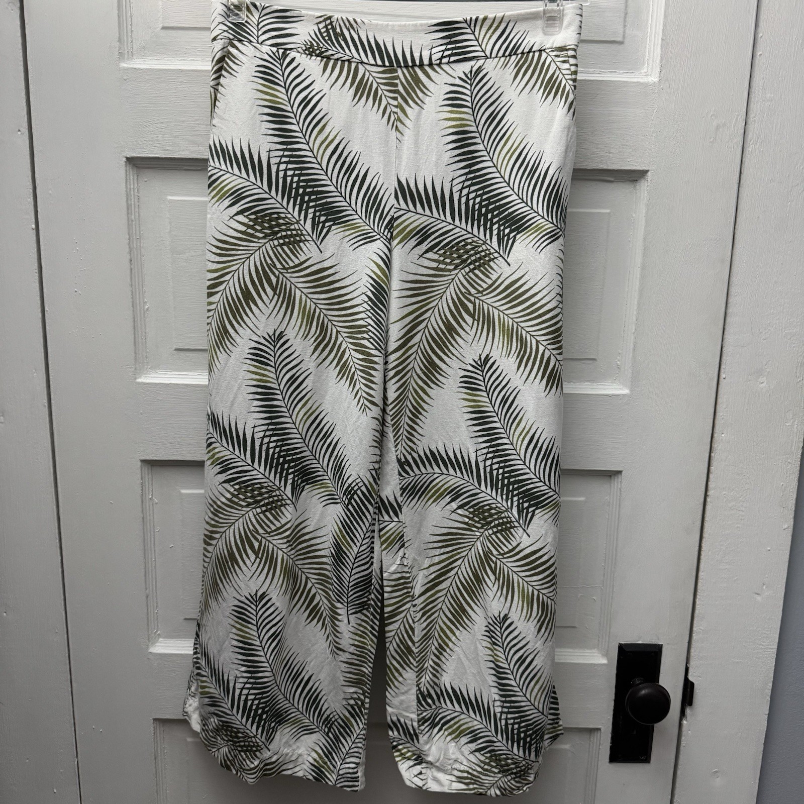 LOFT Palm Print Wide Leg Crop Pants Linen Blend Pull On Size Small