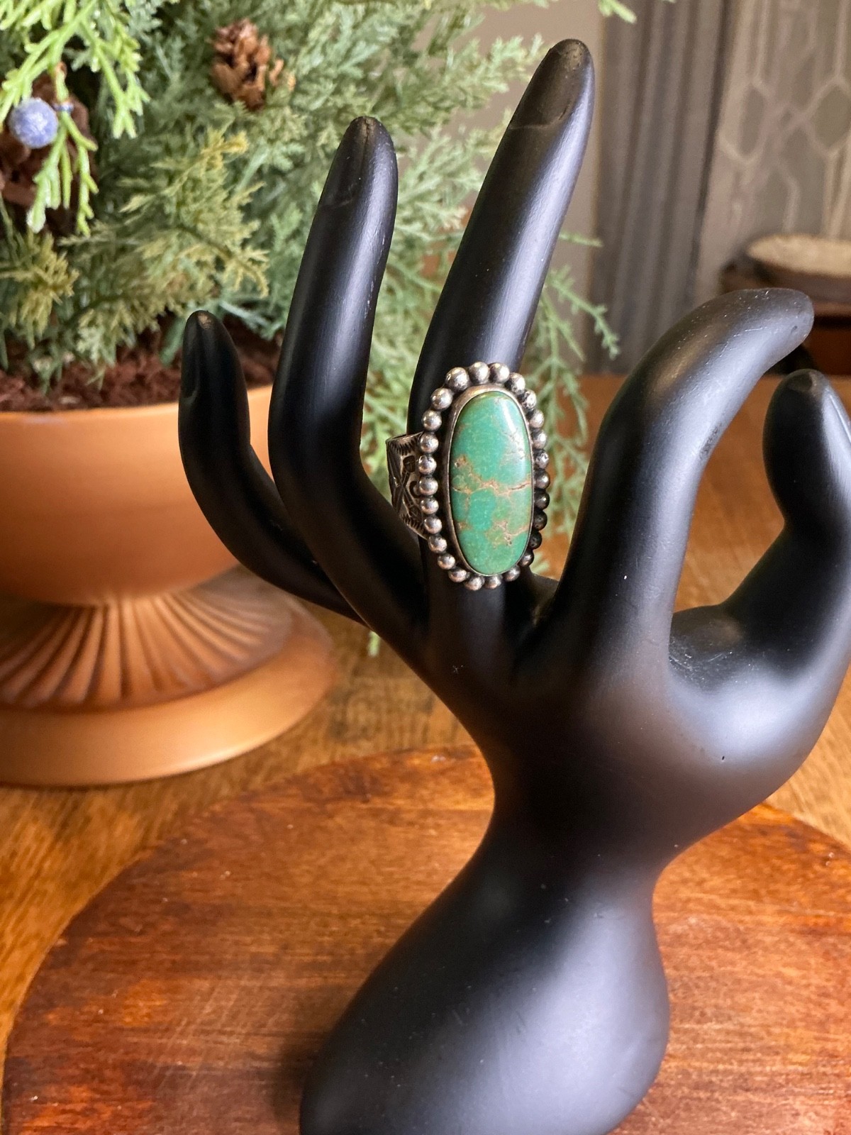 Vtg Navajo 925 Green Turquoise Ring Size 5.5 Thick Statement Band 13 grams