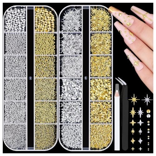 2640Pcs 3D Star Nail Charms, Gold & Silver Multi-Shapes Metallic Nail Art Gem...