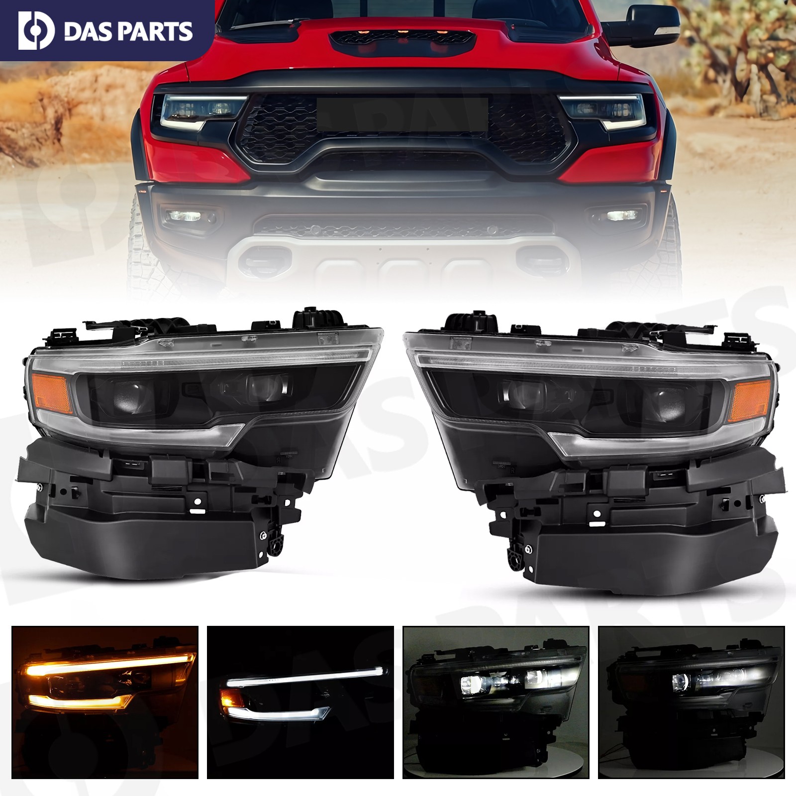Pair LED Headlight Headlamp w/DRL Left Right For 2019-2023 Dodge Ram 1500 TRX