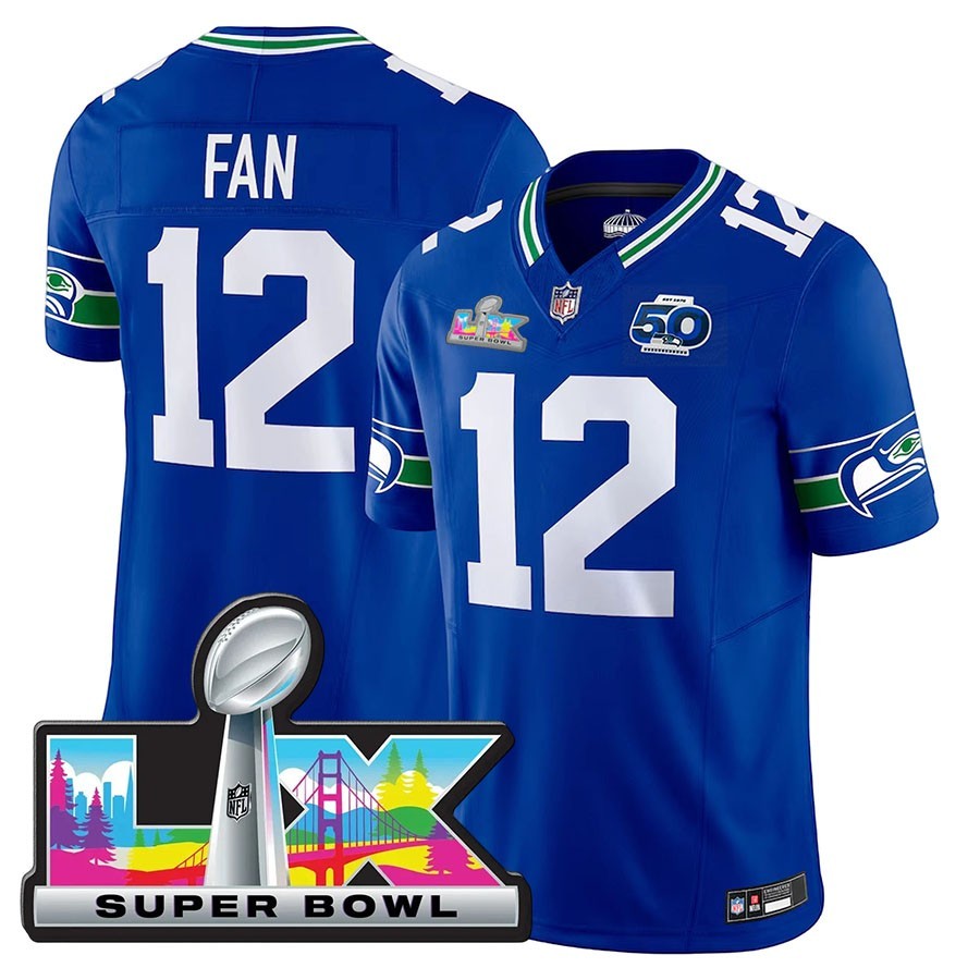 New Seahawks Men\'s #12 Fan 50th /Super Bowl LX Patch Game All Stitched Jersey=