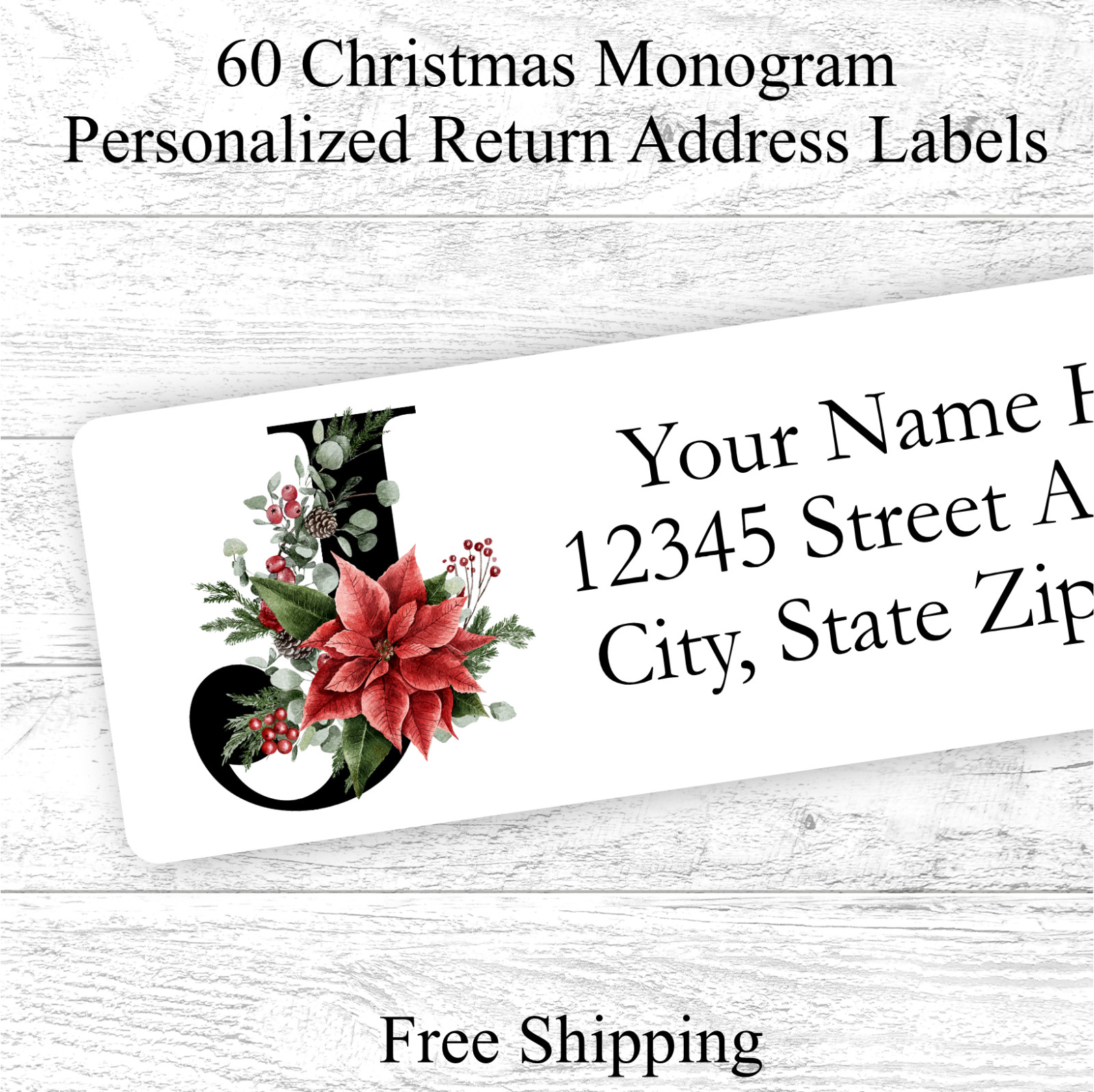 60 Christmas Monogram Return Address Labels Personalized Poinsettia  .75 x 2.25\