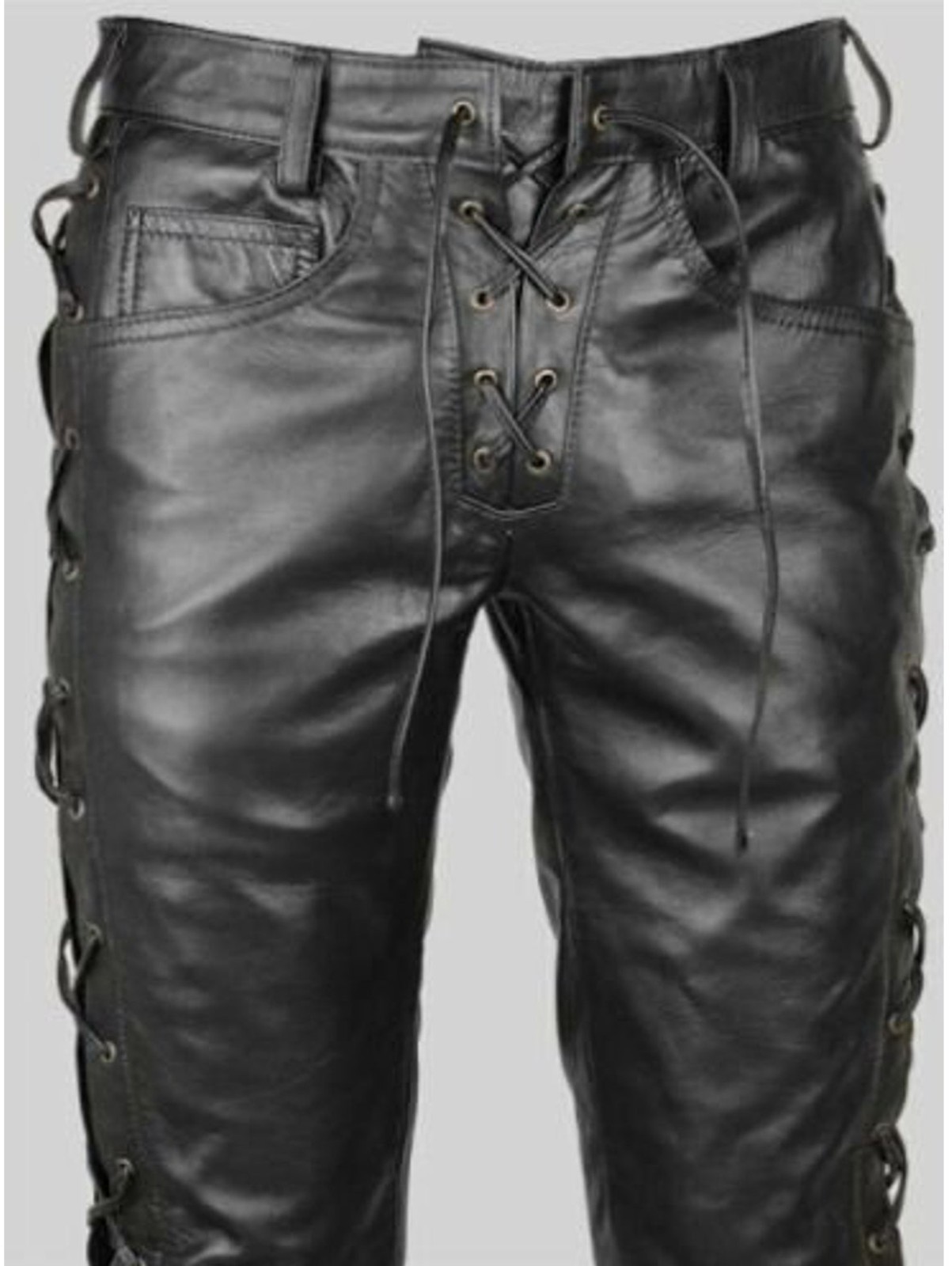 Handmade Men’s Genuine Sheep Leather Side Laces Black Leather Biker Trousers Handmade Men’s Genuine Sheep Leather Side Laces Black Leather Biker Trousers