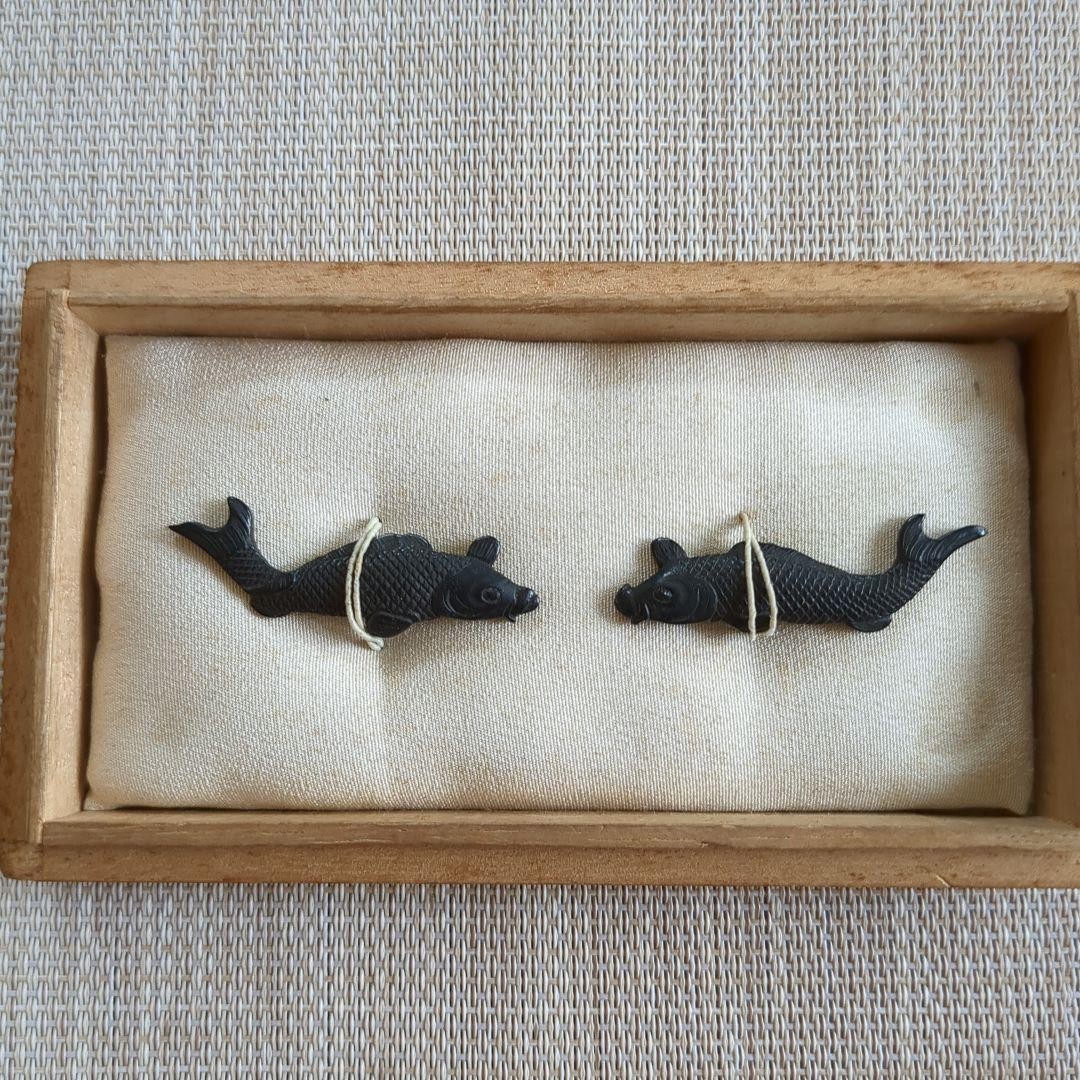 Japanese Menuki Pair Koi Fish Relief Sword Fittings With Wood Box Antique Japanese Menuki Pair Koi Fish Relief Sword Fittings With Wood Box Antique