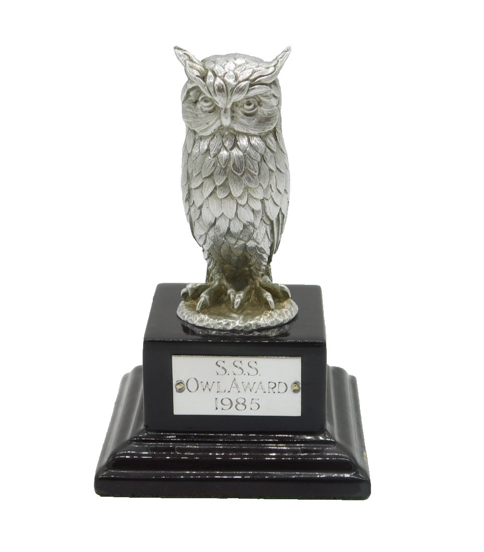 Cast Sterling Silver Owl on Plinth Base 'Owl Award, 1985' Vintage London 1981