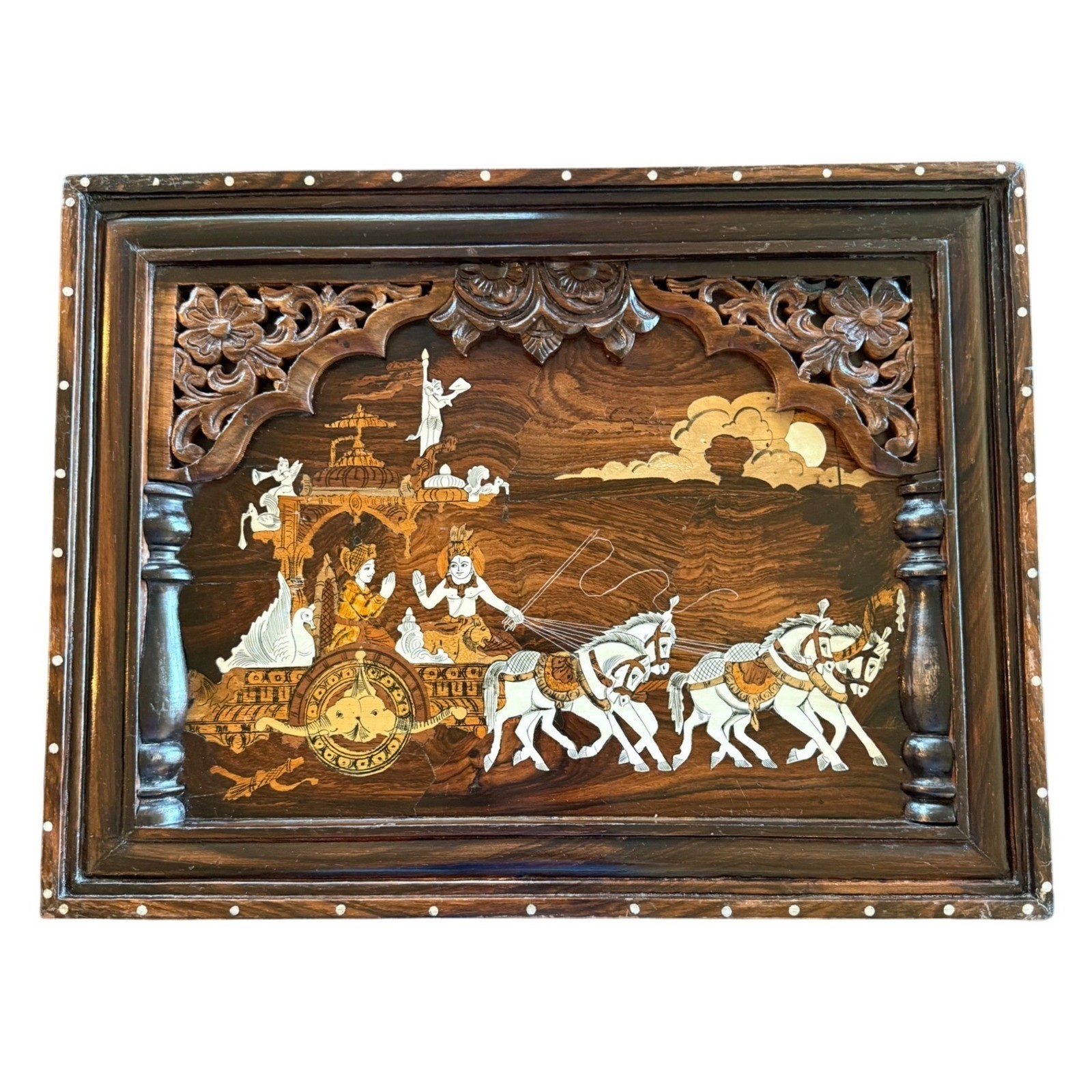 Vintage Indian Rosewood Inlaid Krishna Arjuna Carved Wall Panel 22x16