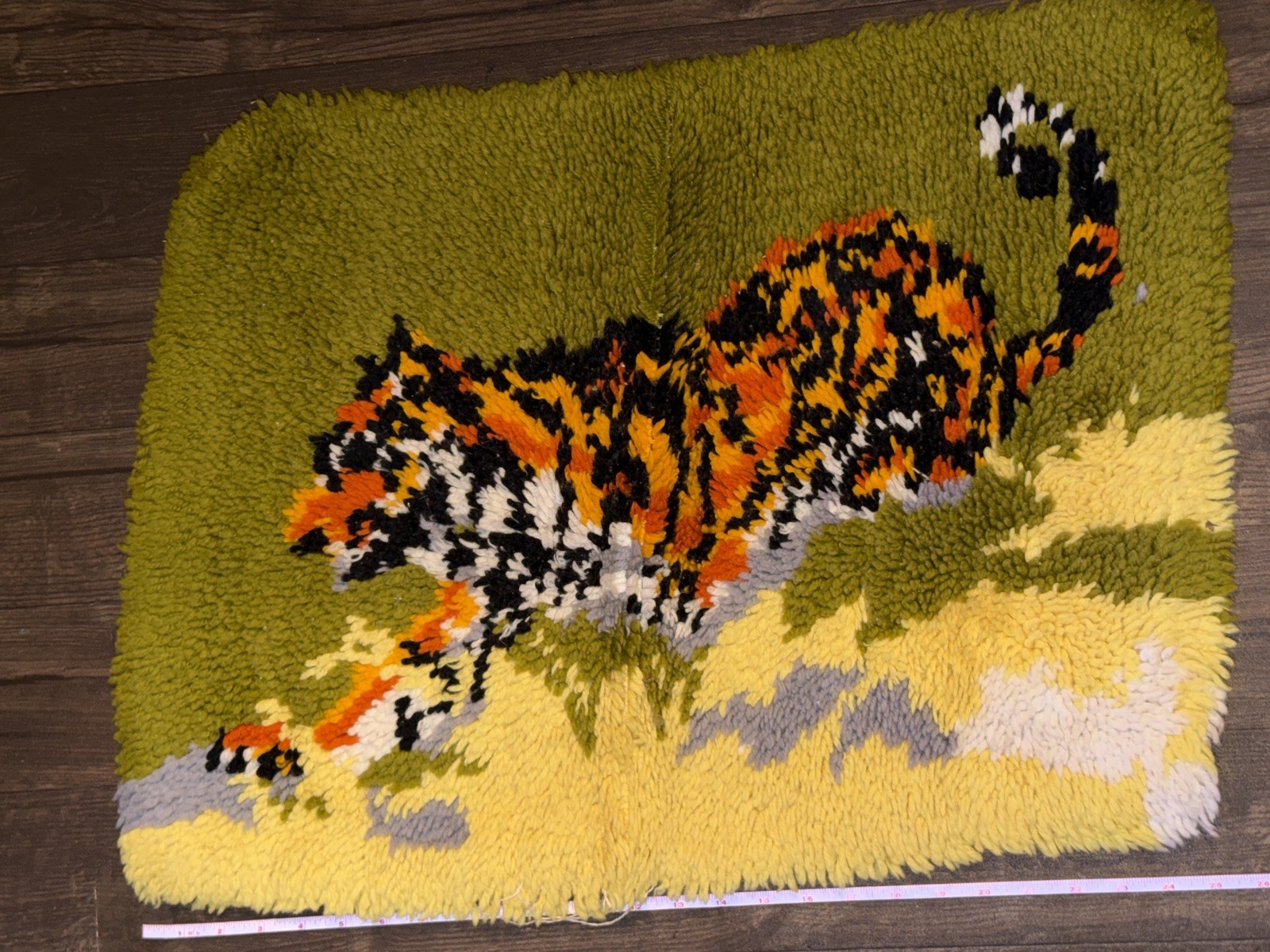 Vintage Tiger Latch Hook Rug Wall Hanging 70s Avocado Green Fiber Art Retro