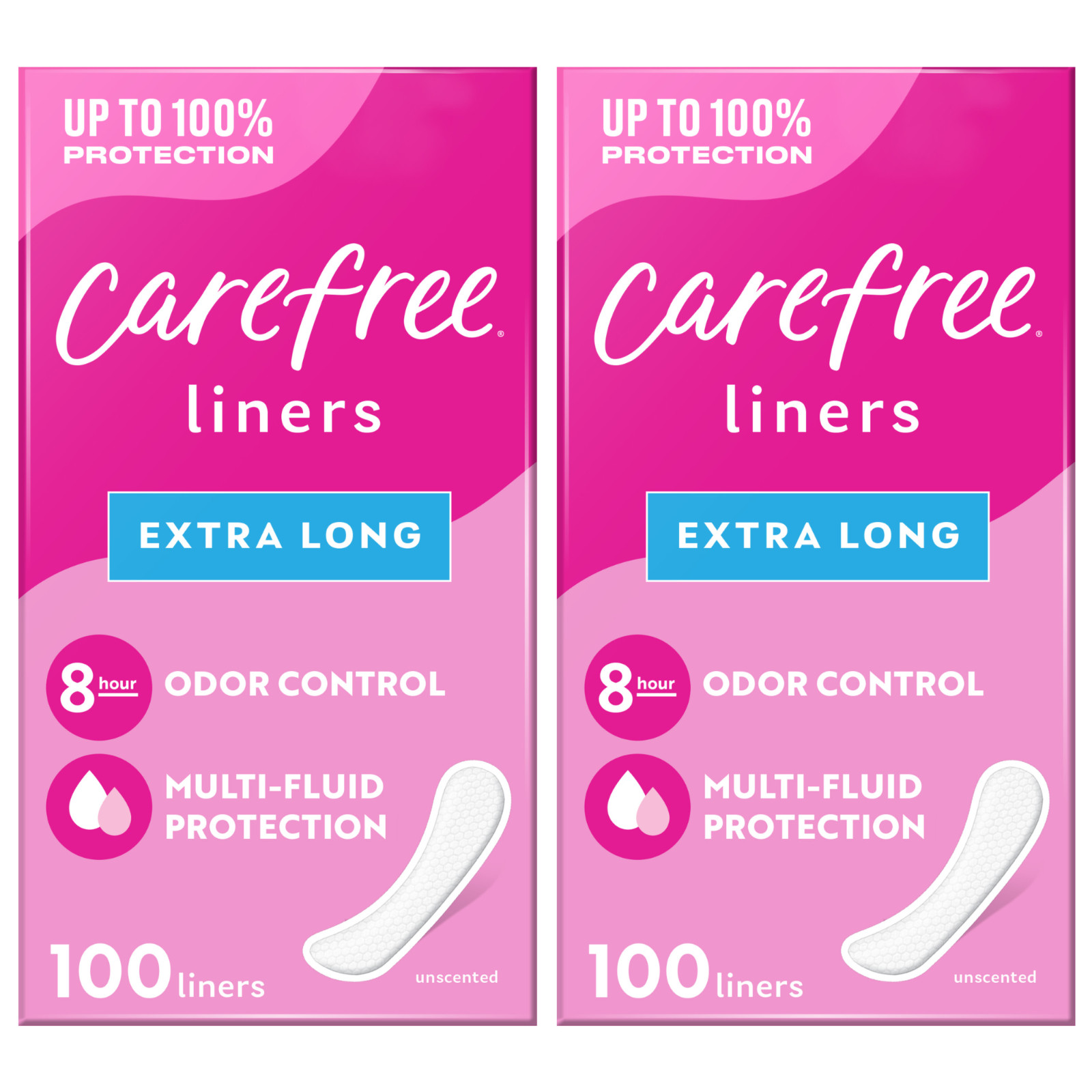 Carefree Extra Long Unscented Panty Liners, 2 Packs of 100 Carefree Extra Long Unscented Panty Liners, 2 Packs of 100