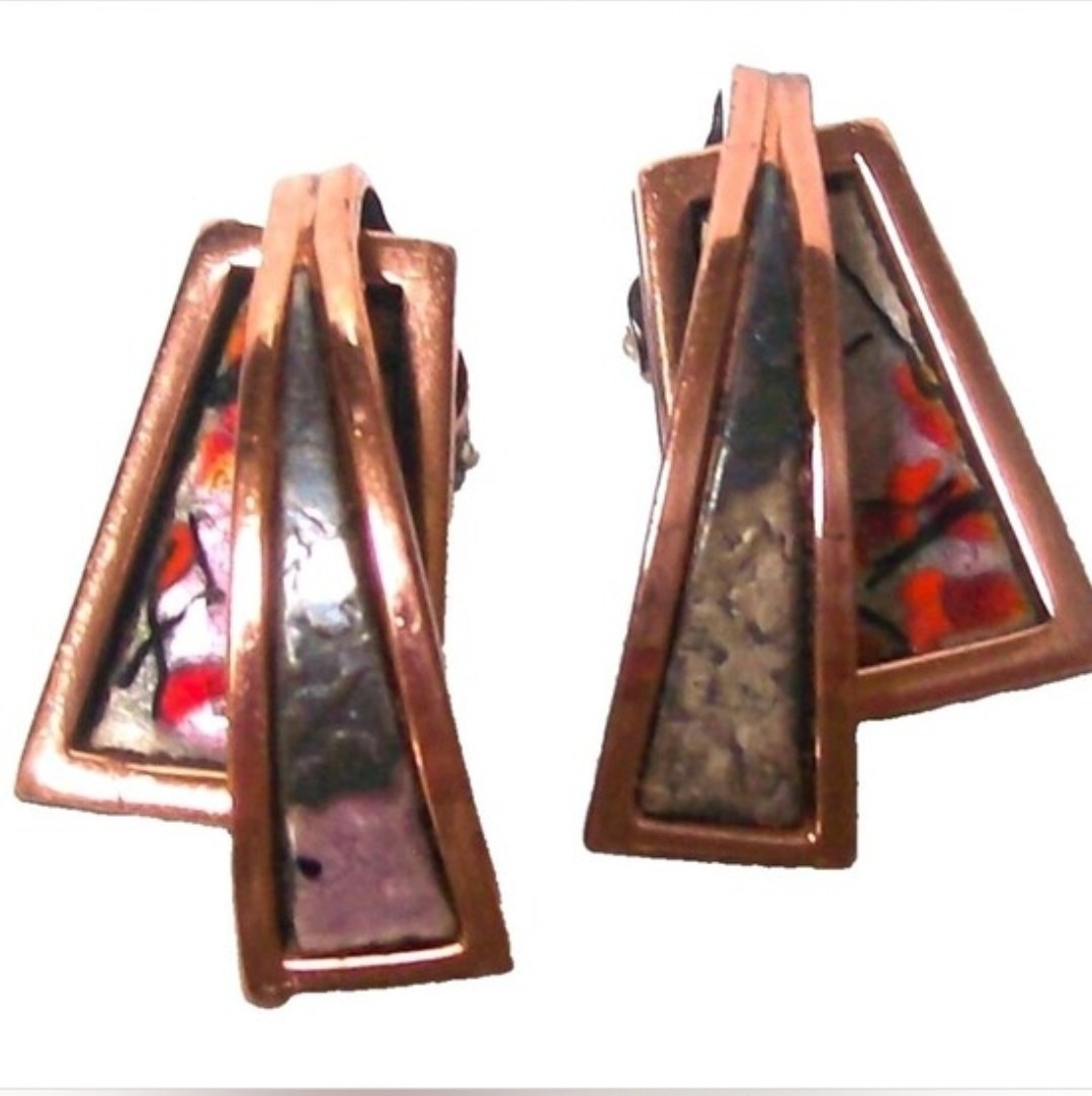 Vintage MATISSE RENOIR COPPER ENAMEL MODERNIST Clip On Earrings-Signed-c1950s Vintage MATISSE RENOIR COPPER ENAMEL MODERNIST Clip On Earrings-Signed-c1950s