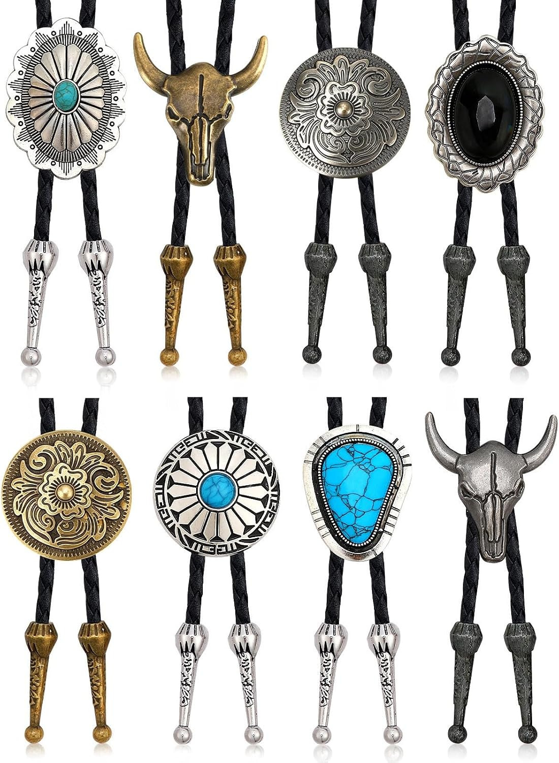 8 Piece Vintage Bolo Tie Set Adjustable Bolo Ties Western Leather Necktie Adjust