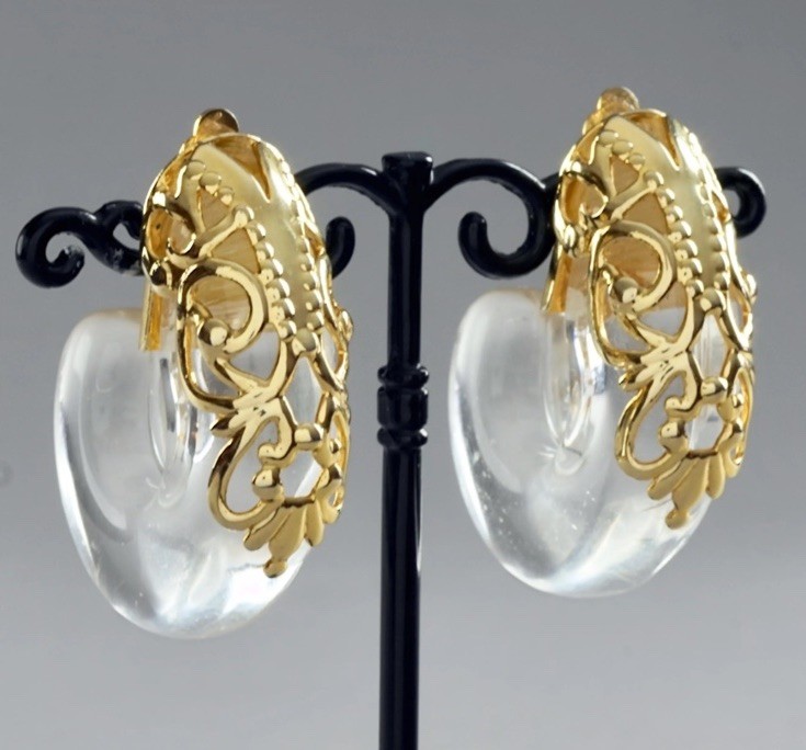 Vintage Chunky Lucite Clip On Earrings Filigree Gold Tone Inna Cytrine Style 2”