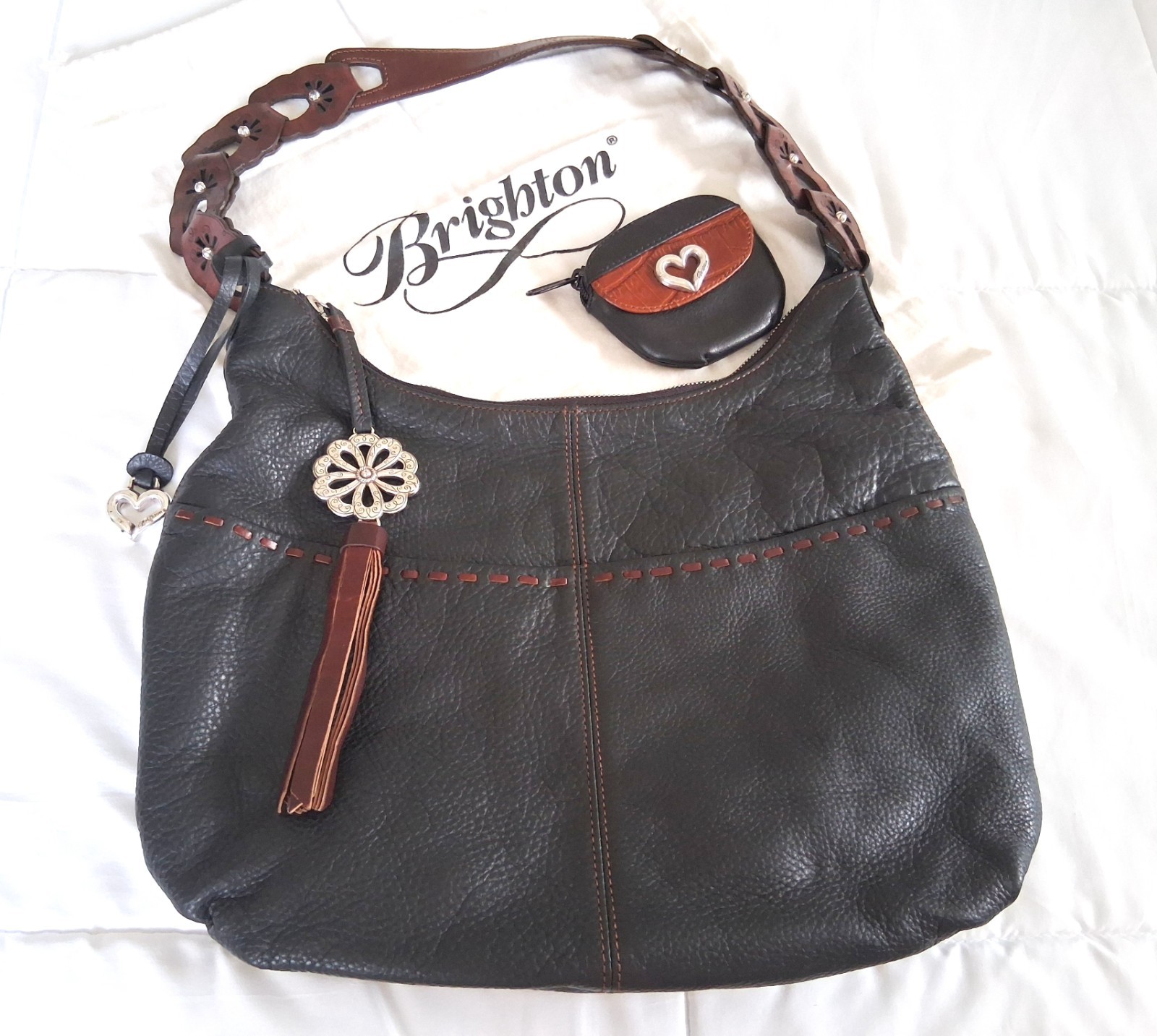 BRIGHTON Black Pebbled Leather Shoulder Hobo Bag Purse Braided Strap EUC - RARE
