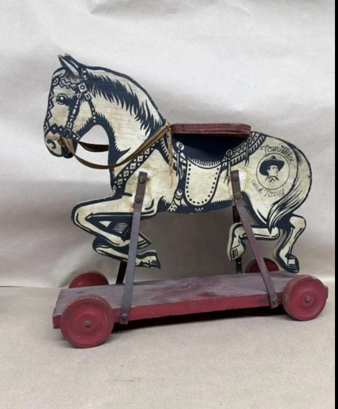 1930s Antique Mengel Tom Mix and Tony Wooden Ride On Pull Toy Wheeled Base Rare 1930s Antique Mengel Tom Mix and Tony Wooden Ride On Pull Toy Wheeled Base Rare