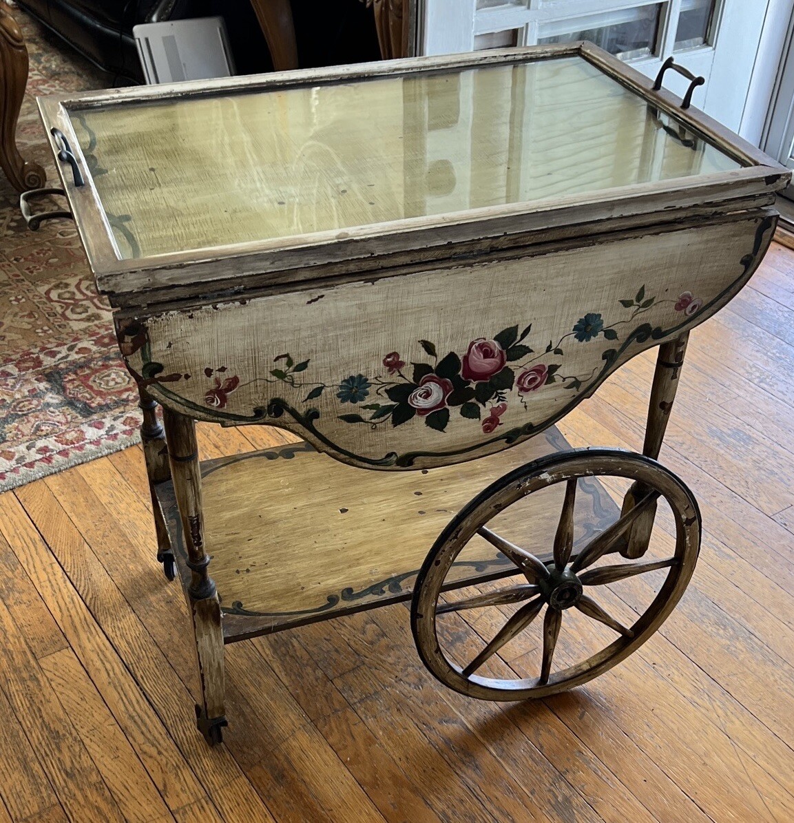 Stunning Antique Vintage Wood And Glass Bar Cart/Tea Cart Serving Bar
