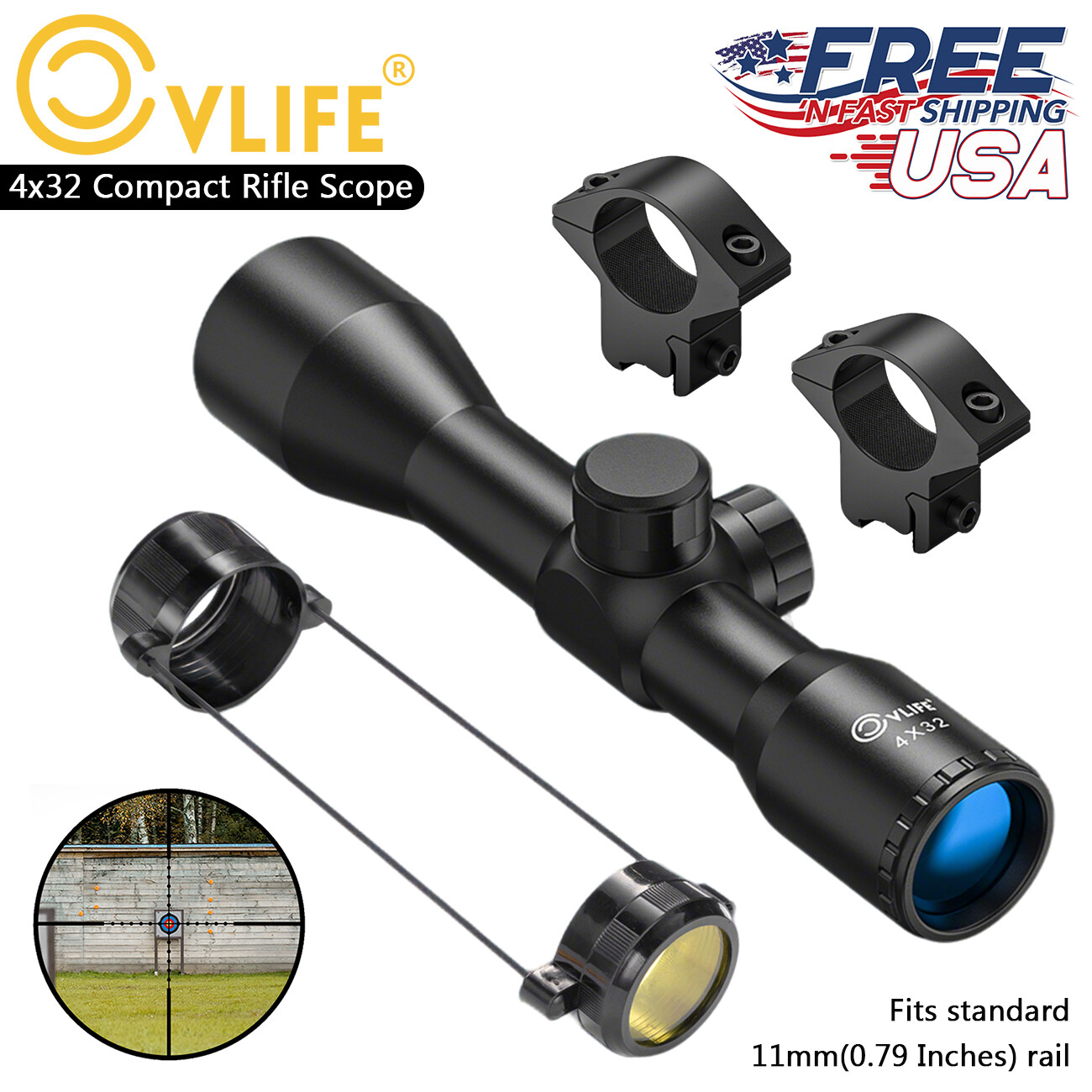 CVLIFE 4x32 Compact Rifle Scope Mil-Dot Reticle .22 Scope 11mm Rings & Len Cover