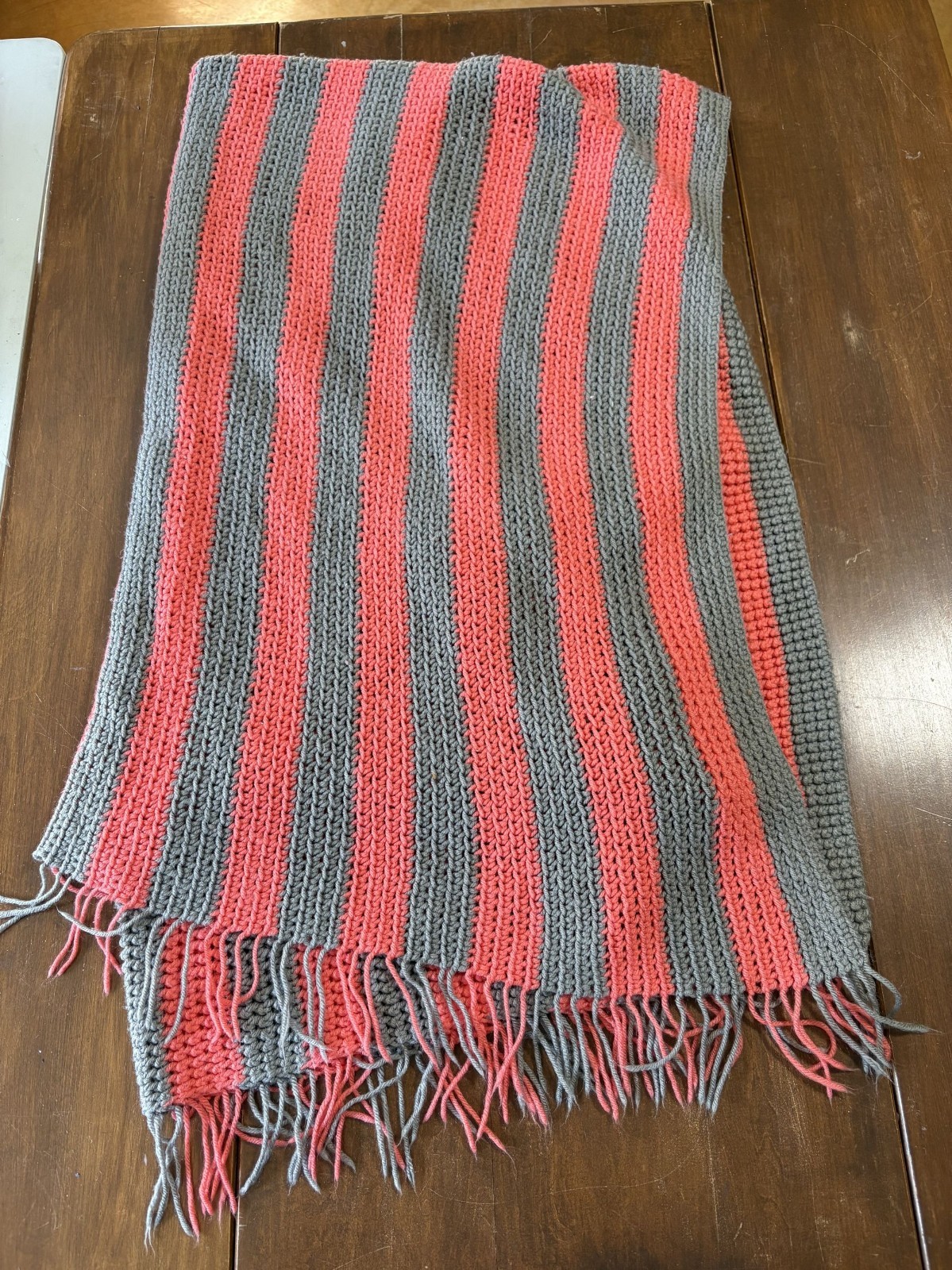 Handmade Crocheted Afghan Peach Gray Fringe Striped 72\