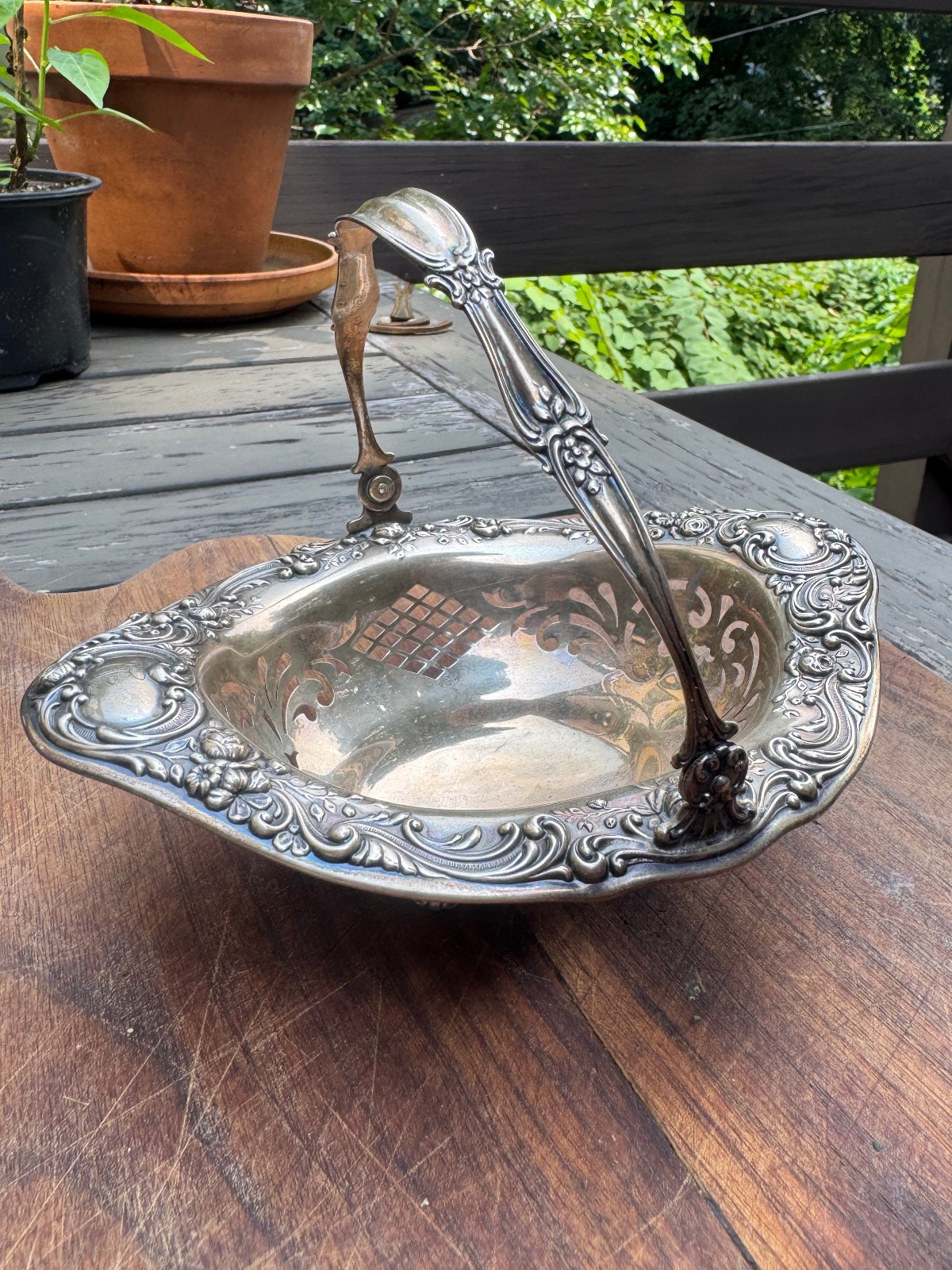 Antique Gorham Sterling Silver Swing Handle Basket A110 Repousse Pierced c1905
