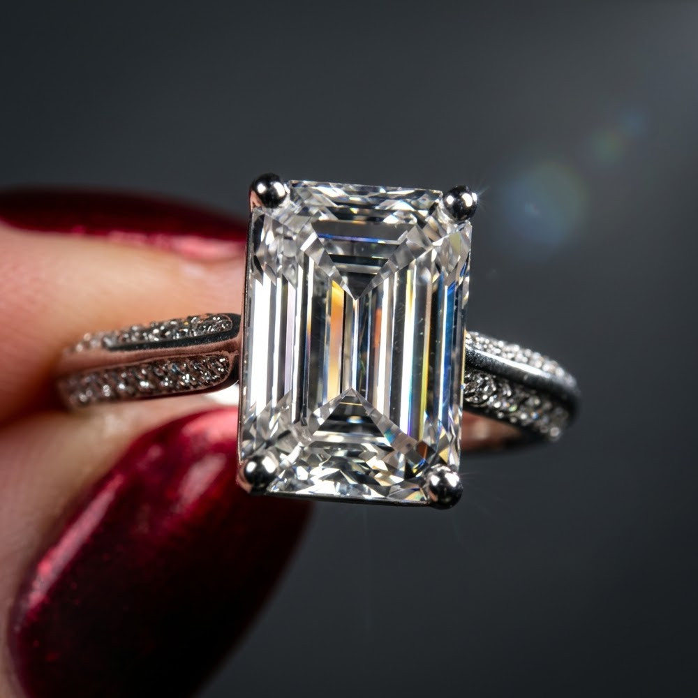 3.00 Ctw Emerald Cut Moissanite Double Row Engagement Ring 14K White Gold Plated