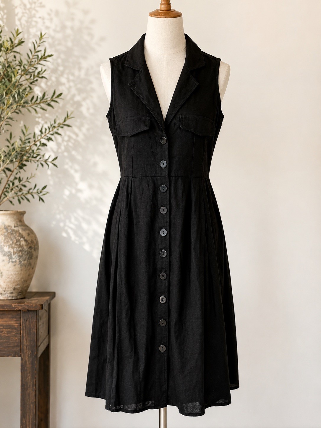 BNWT Rockmans Black Linen Blend Button Front Midi Dress Size 8
