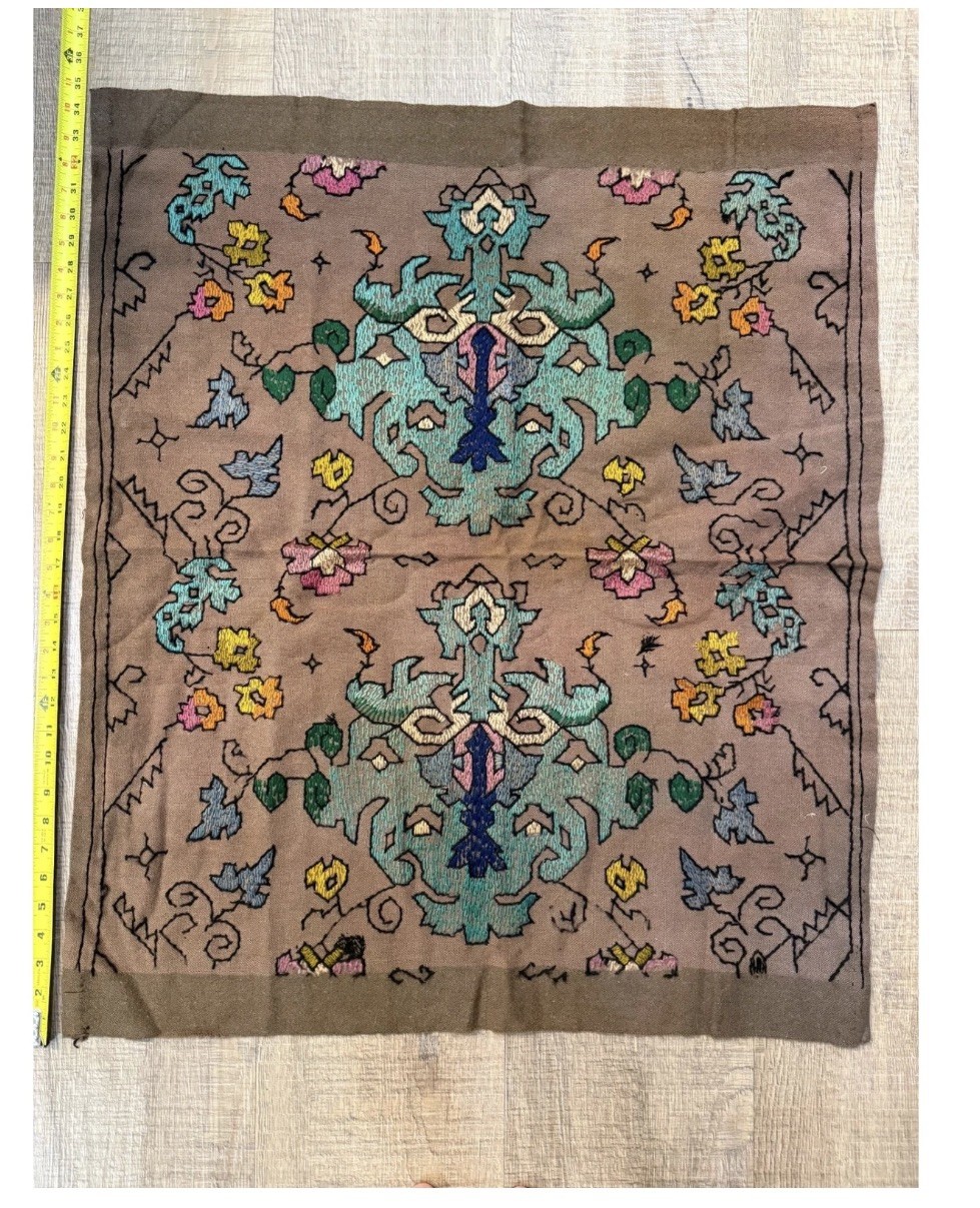 Vintage Hand Embroidered Tapestry Brown Teal Boho Wall Hanging 36x32in