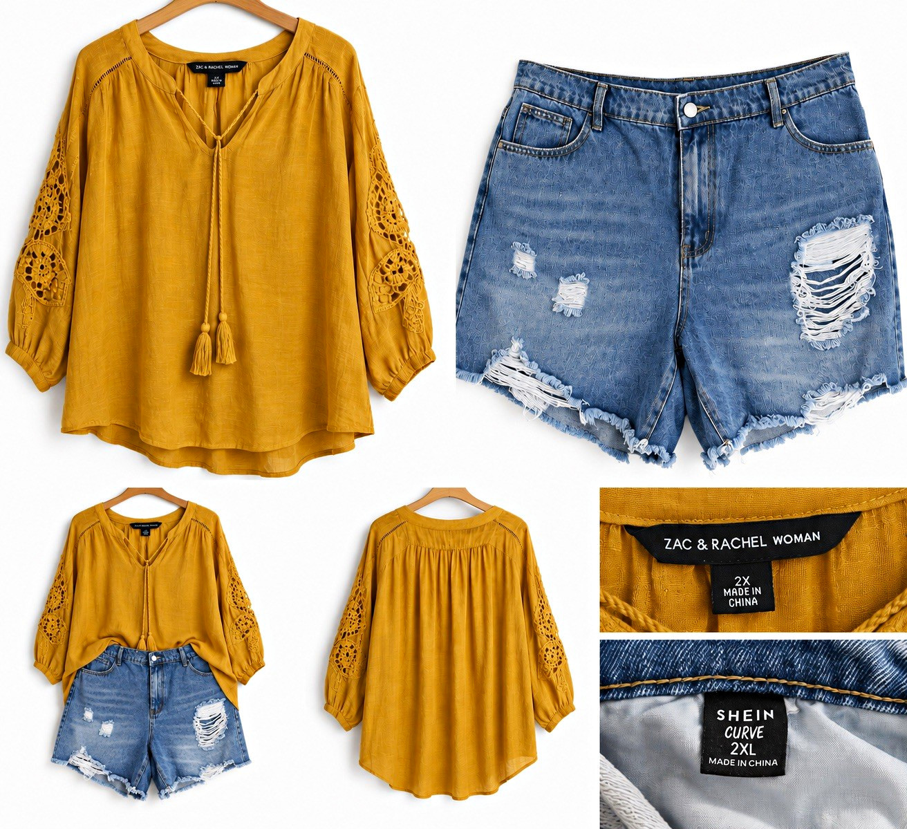 Plus Size 2X Outfit Lot SHEIN Distressed Denim Shorts Zac Rachel Boho Top