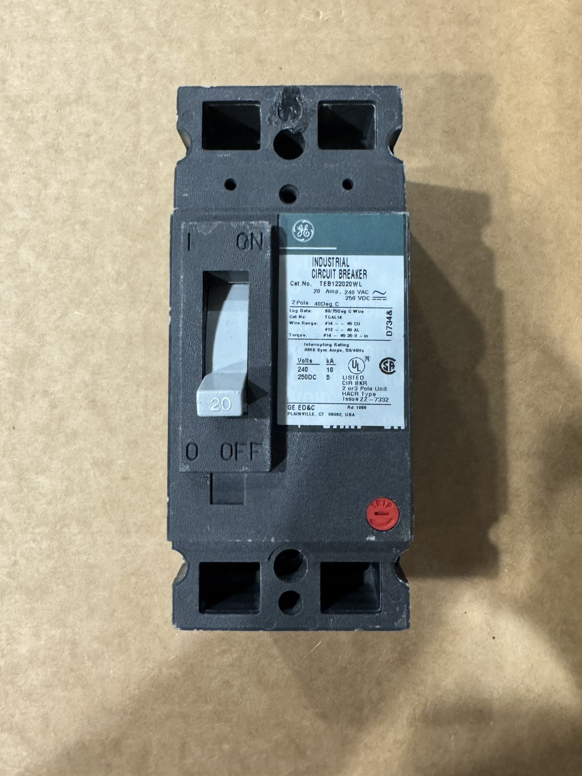 GE TEB122020WL Circuit Breaker 20Amp 2-Pole 240VAC Green Label *Refurbished* GE TEB122020WL Circuit Breaker 20Amp 2-Pole 240VAC Green Label *Refurbished*