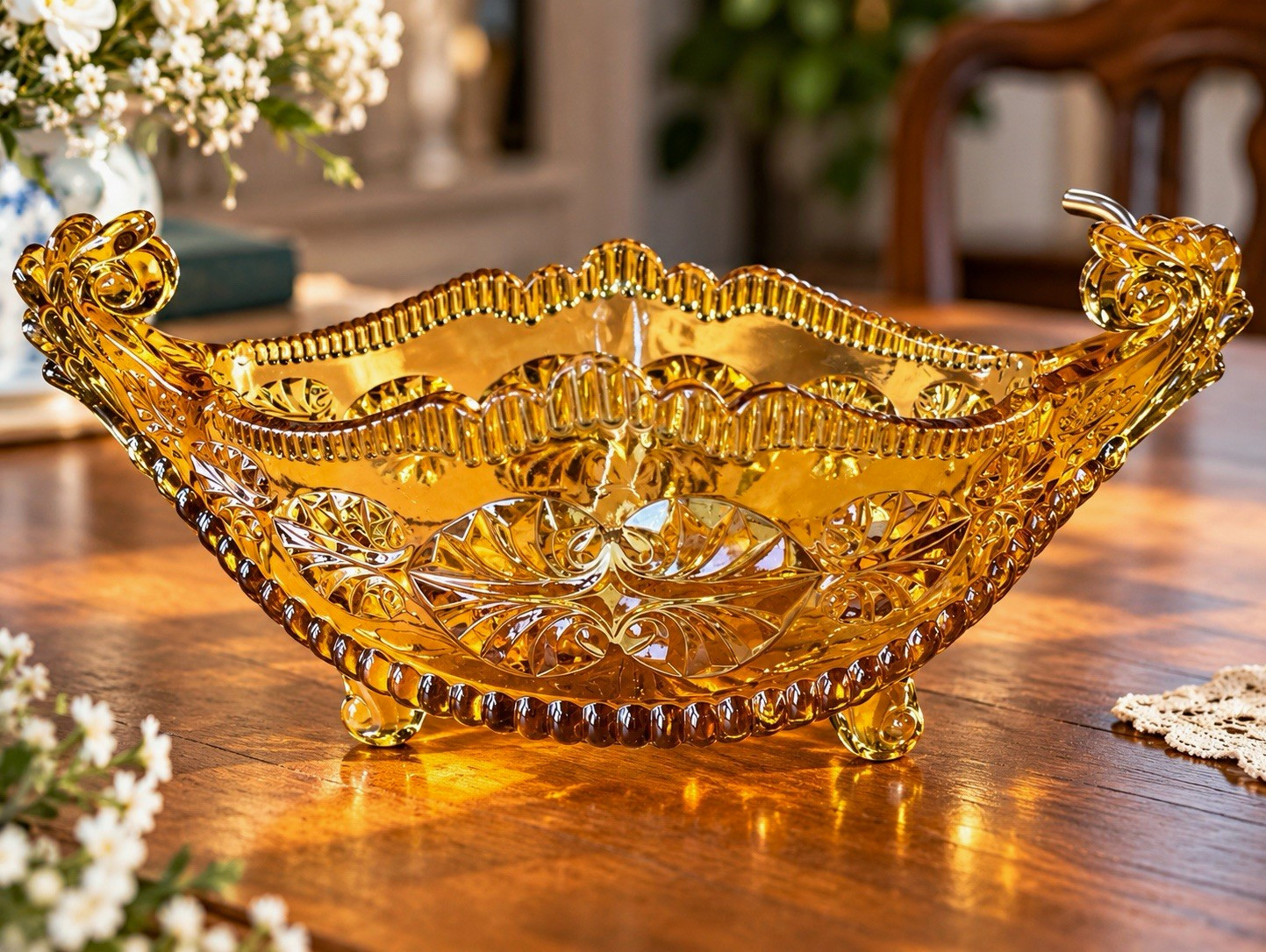 Antique c1890 Henry Greener Sunderland Amber Pressed Glass Gondola Dish Victoria