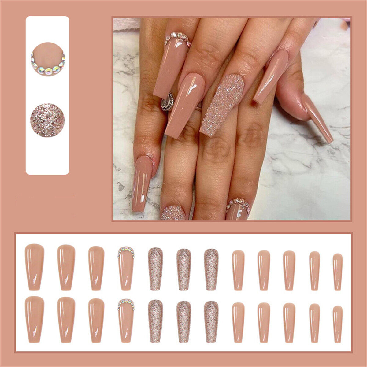 24pcs/box Full Cover Detachable Fake Nails Coffin False Nails Wearable Nail Tips