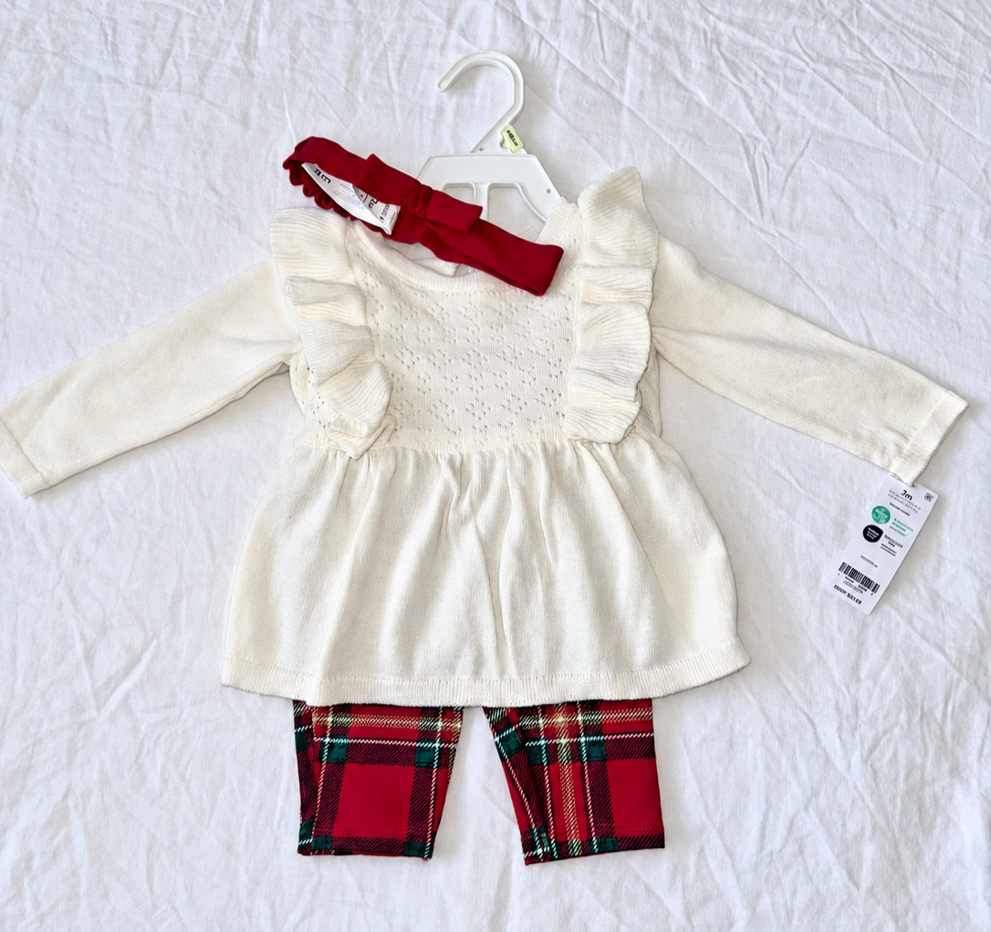 Carter\'s Baby Girl 3-Piece Plaid Outfit Dress Leggings Headband 3M NWT