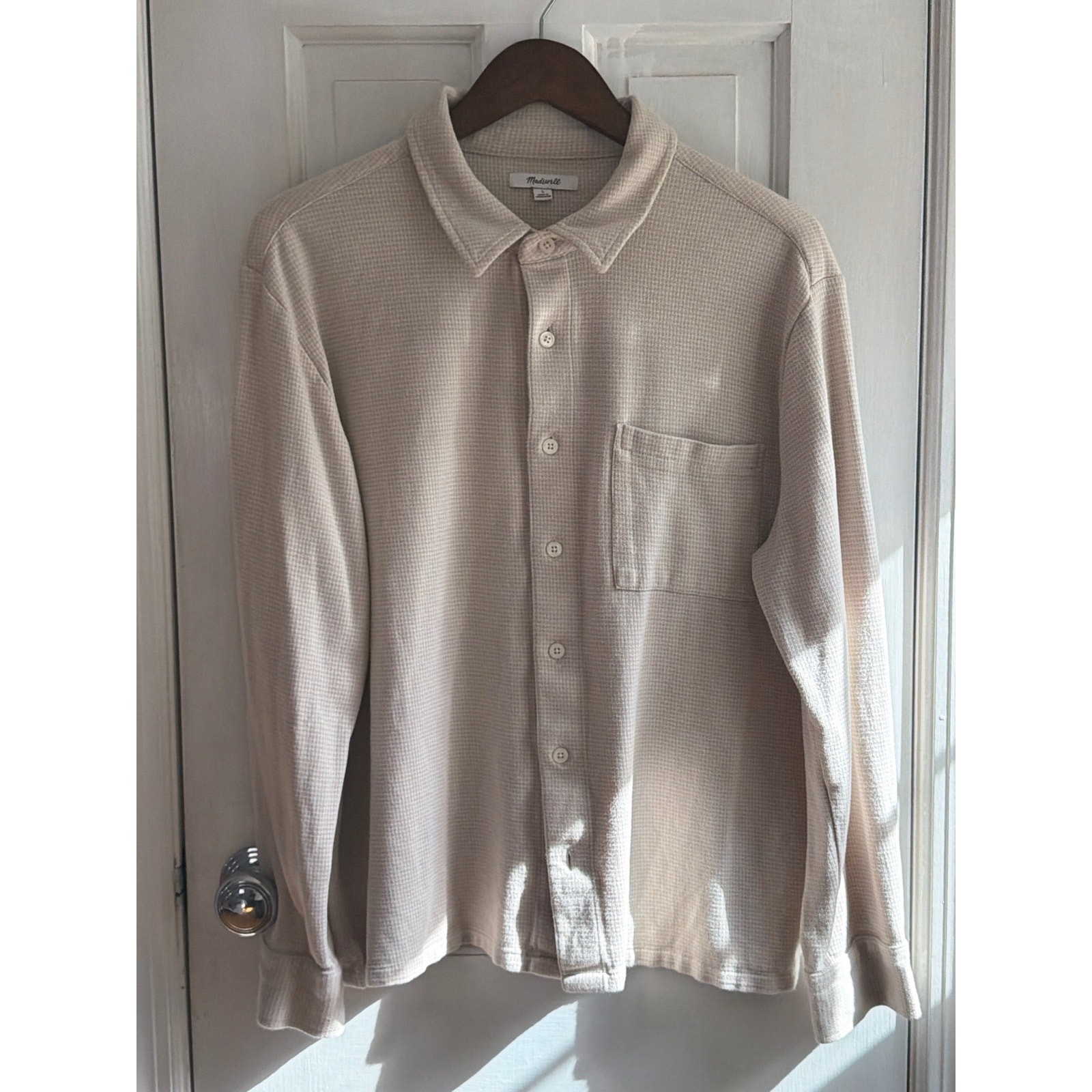 Madewell Waffle Knit Long Sleeve Button Up Shirt - Beige, Large