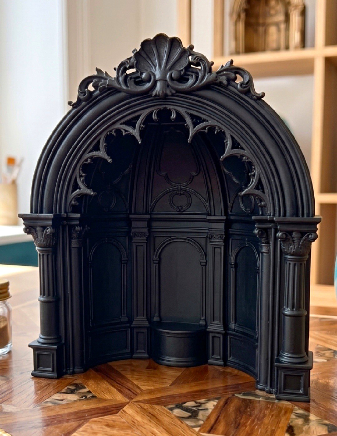 Black Gothic 1:12 Scale Dollhouse Miniature Fireplace Mantel Surround, Plastic