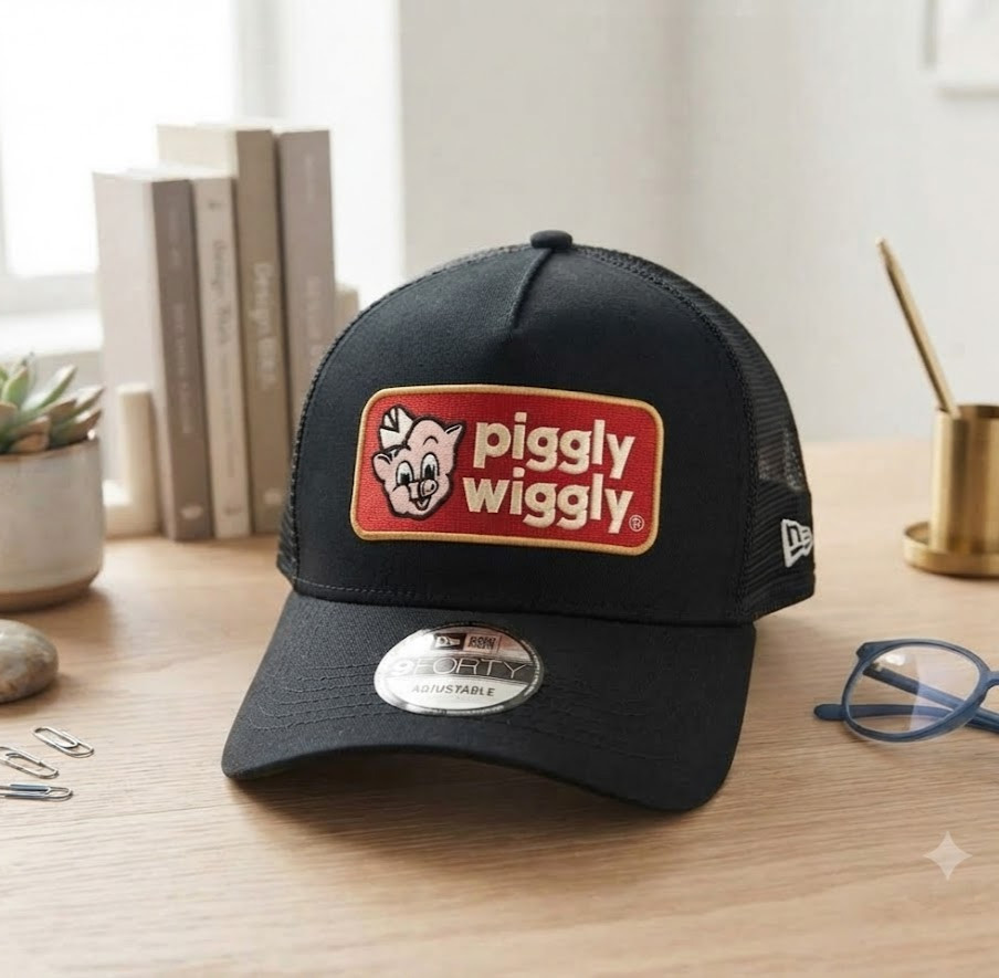 Piggly Wiggly Black Mesh Adjustable Embroidered Trucker Hat Cap - Brand New