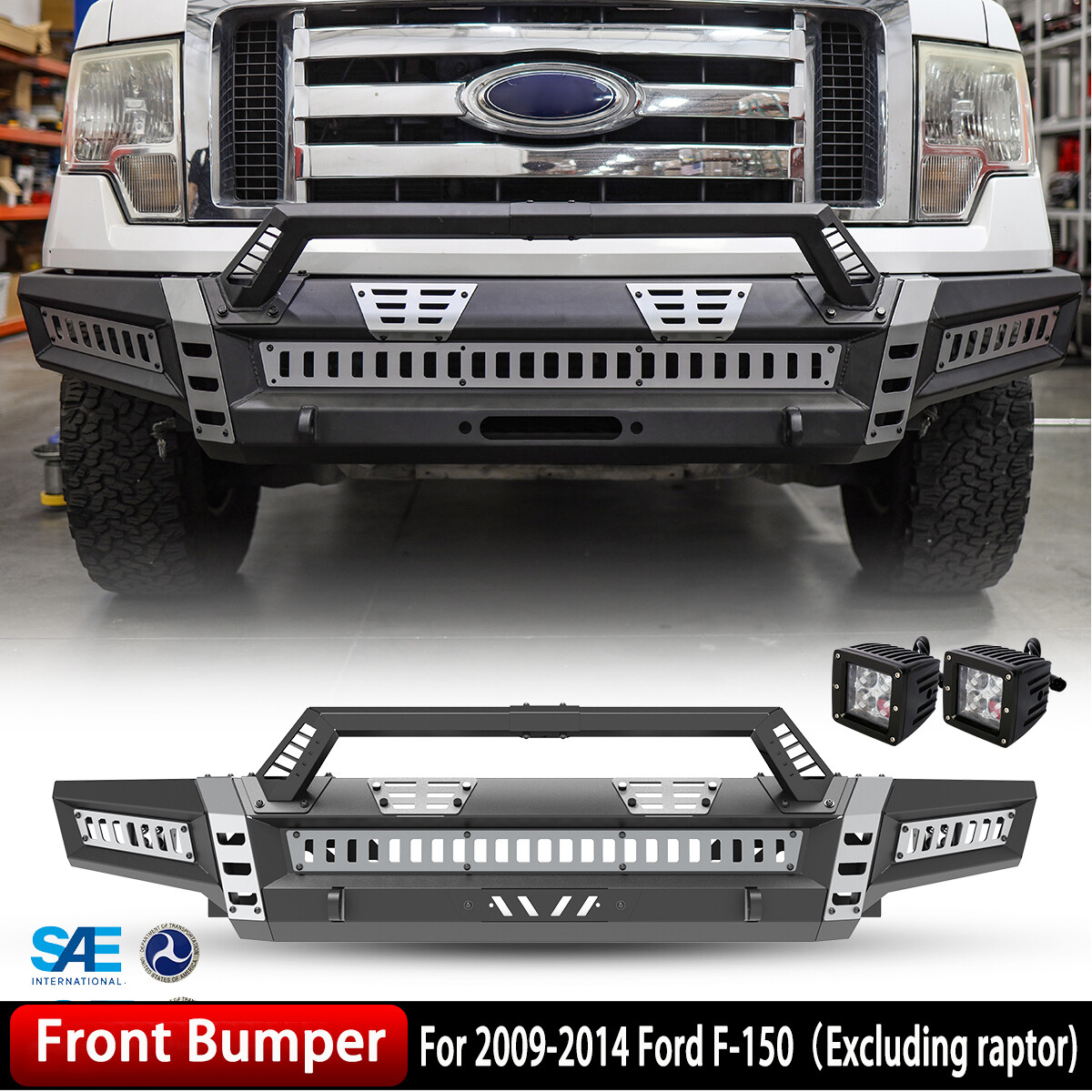 3 IN 1 Full-Width Off-Road Steel Front Bumper w/Lights For 2009-2014 Ford F-150