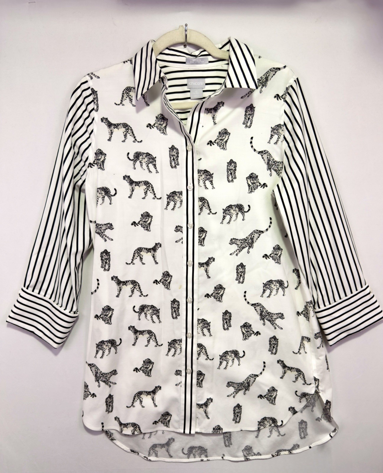 Chico’s 0 S No Iron Tunic Shirt Big Cat Leopard Stripe Cotton Stretch Read Desc