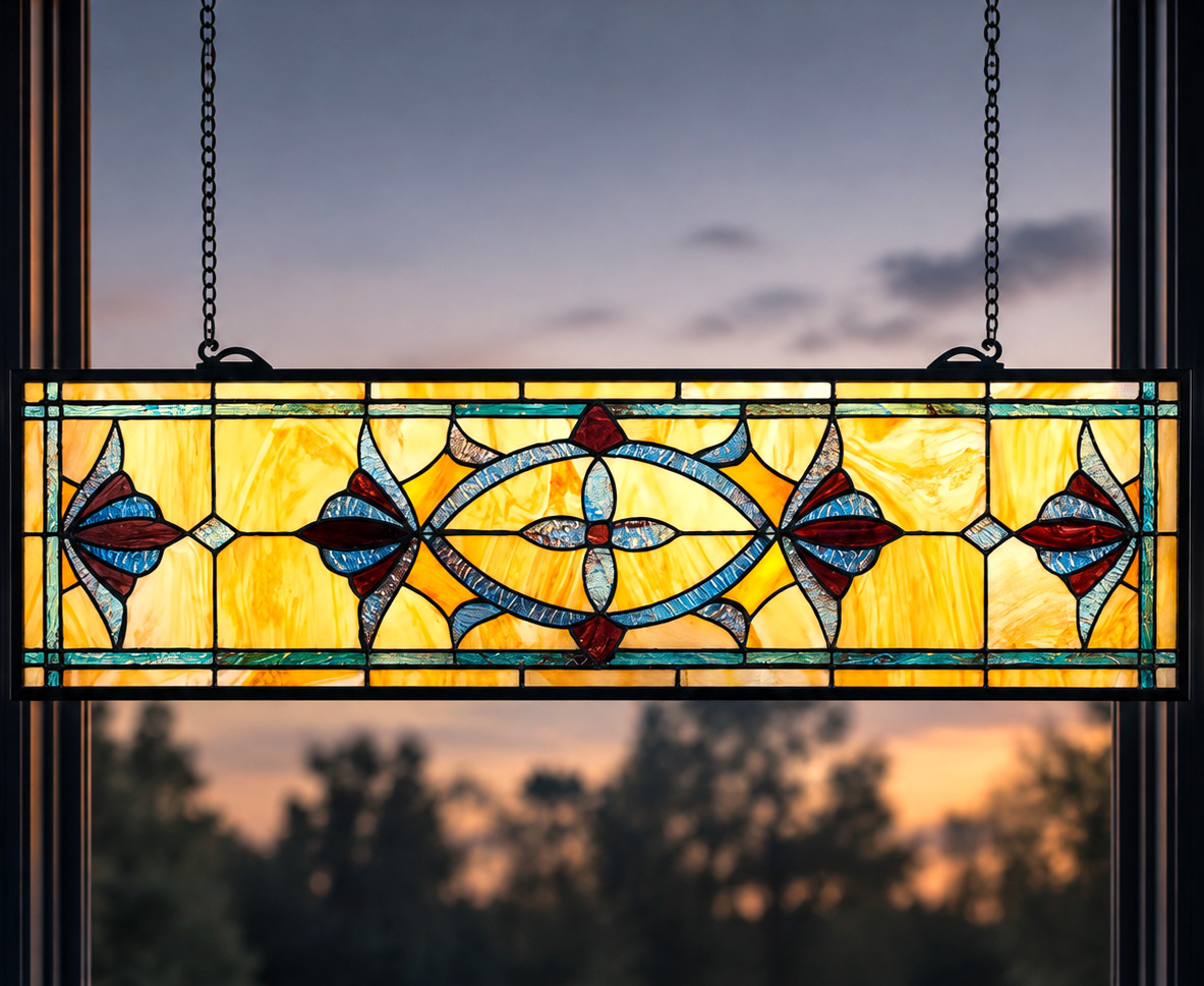 STUNNING Art Deco Stained Glass Window Panel Hanging Suncatcher Amber Blue 32