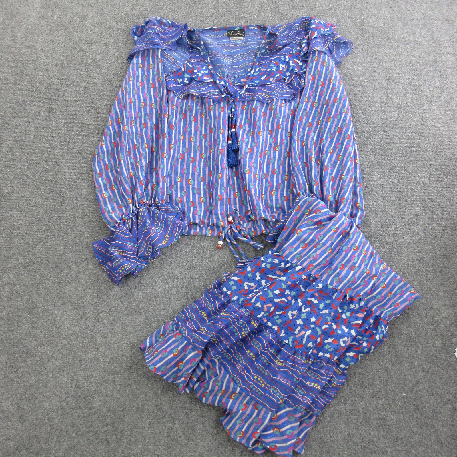 Vtg Diane Freis Shirt Skirt Set Womens M Blue Georgette Boho Ruffle 2 Piece