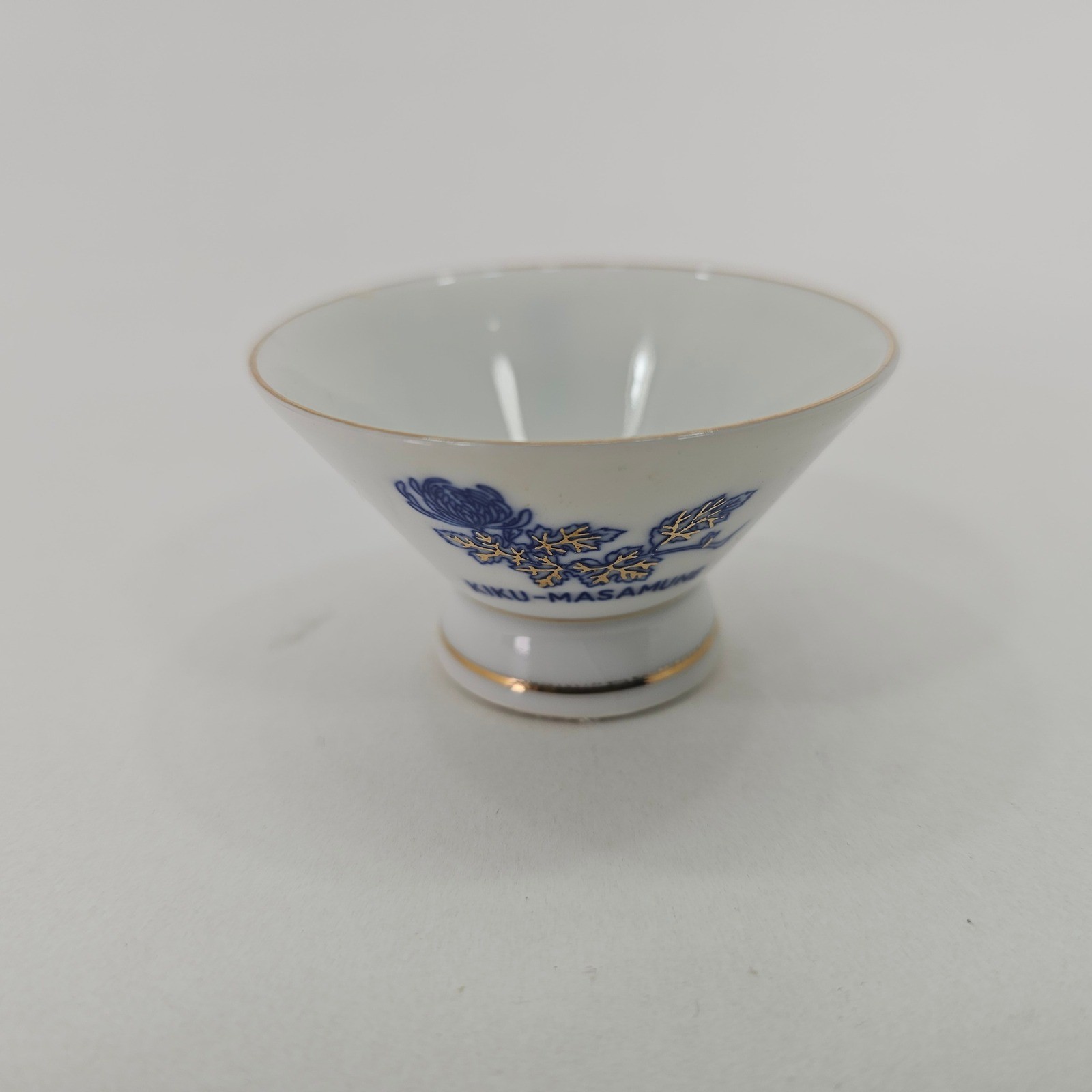Vintage Kiku-Masamune Sake Cup Small White Blue Gold Floral Japan Ceramic