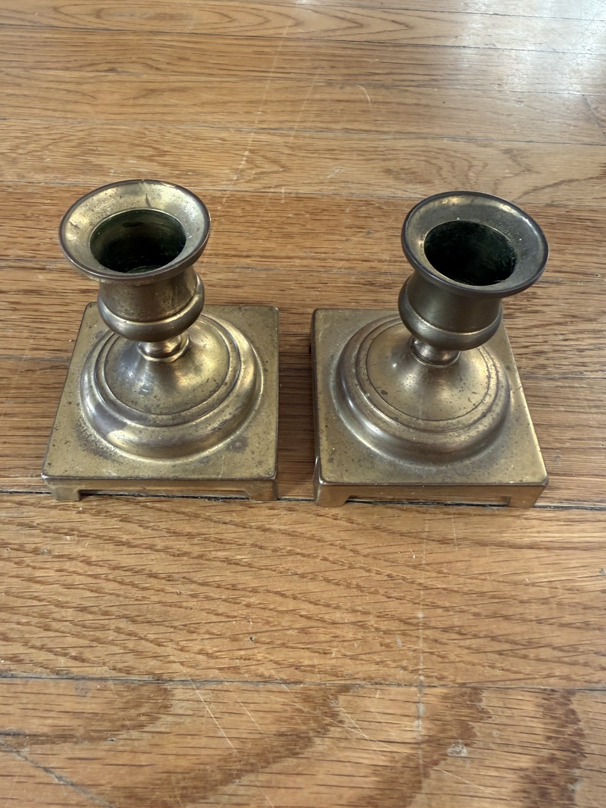 Vintage Pair of Brass Candlesticks Square Base Made in England 3 1/4 Vintage Pair of Brass Candlesticks Square Base Made in England 3 1/4