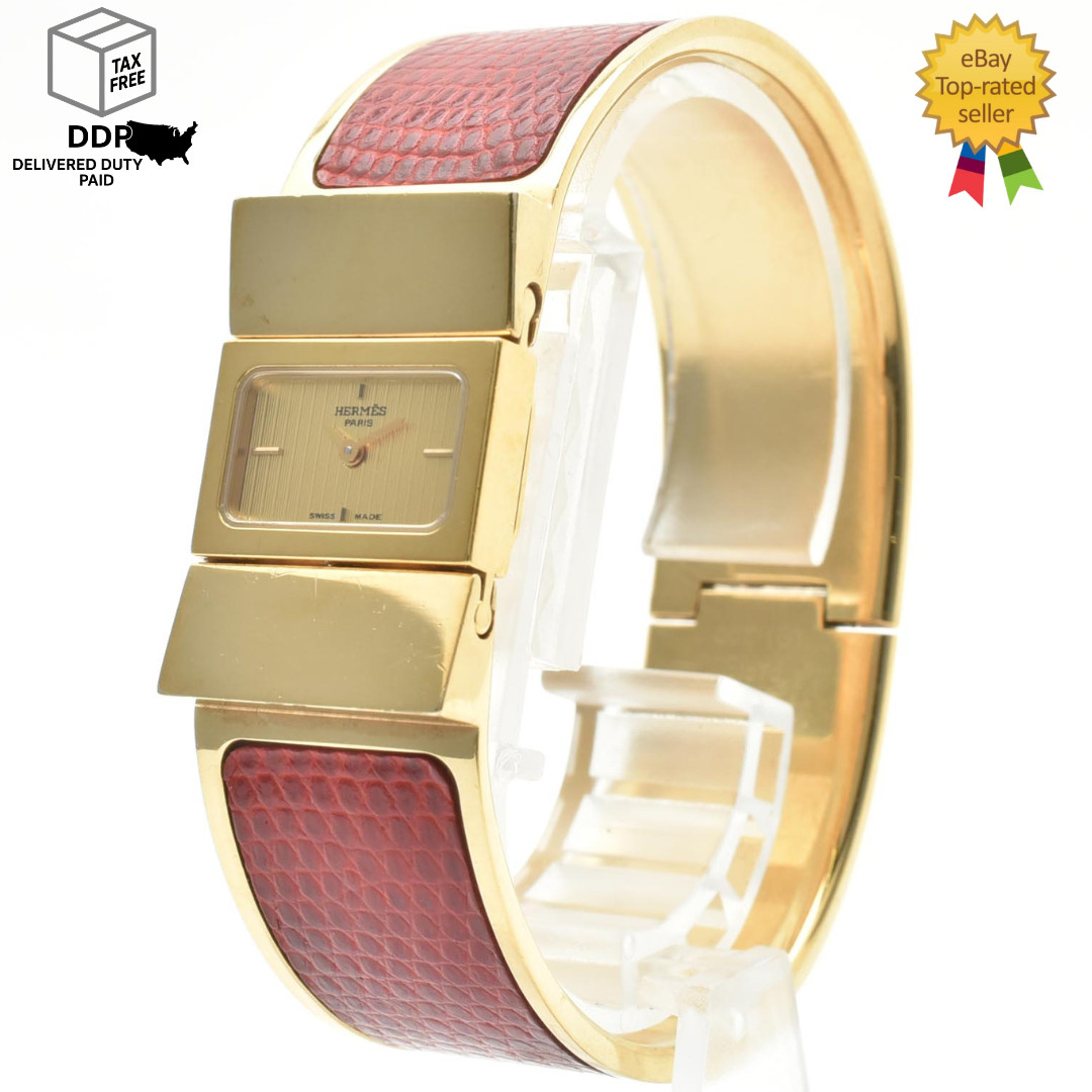 Vintage [Exc+5] HERMES LOQUET L01.201 Enamel Red Gold Tone Bangle Women's Watch