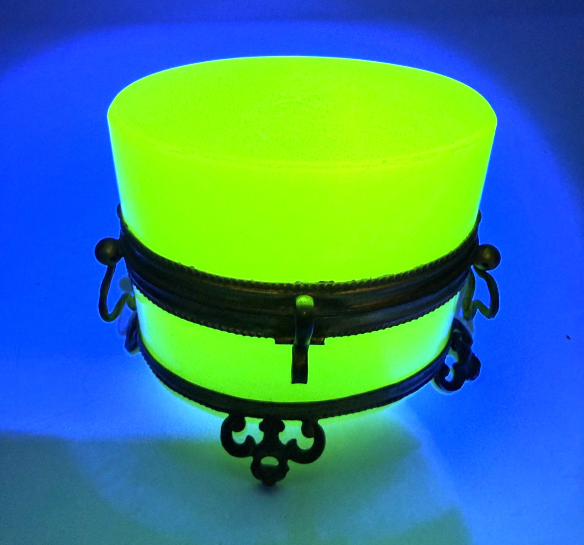 Antique 1880 French Opaline Glass Apple Green Oval Double Handle Bronze Box