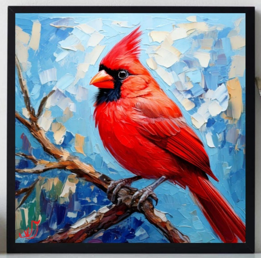 ORIGINAL Oil Textured PAINTING on Canvas  Red Cardinal Art 12x12 in Custom Order
