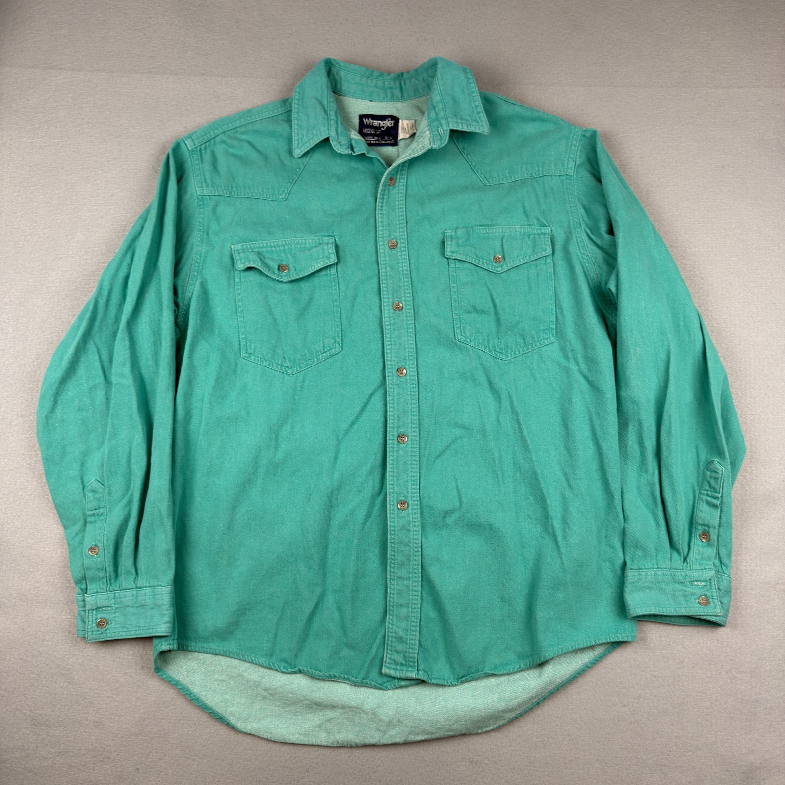 Vintage Wrangler Brushpopper Shirt Mens 16 L Turquoise Cowboy Cut Heavy Western Vintage Wrangler Brushpopper Shirt Mens 16 L Turquoise Cowboy Cut Heavy Western