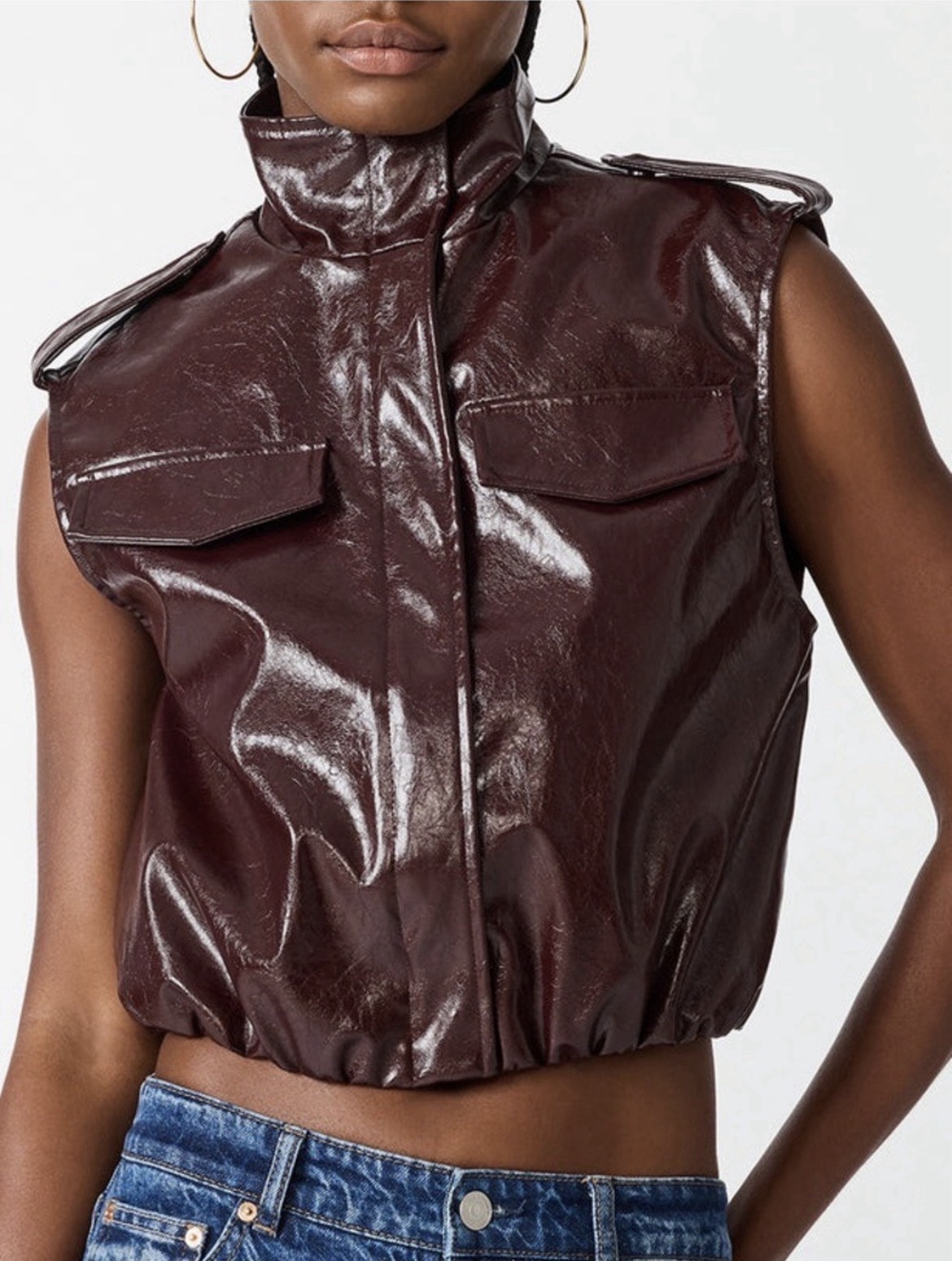 Steve Madden Luxie Faux Leather Cropped Vest, Medium - Deep Fig Burgundy Maroon