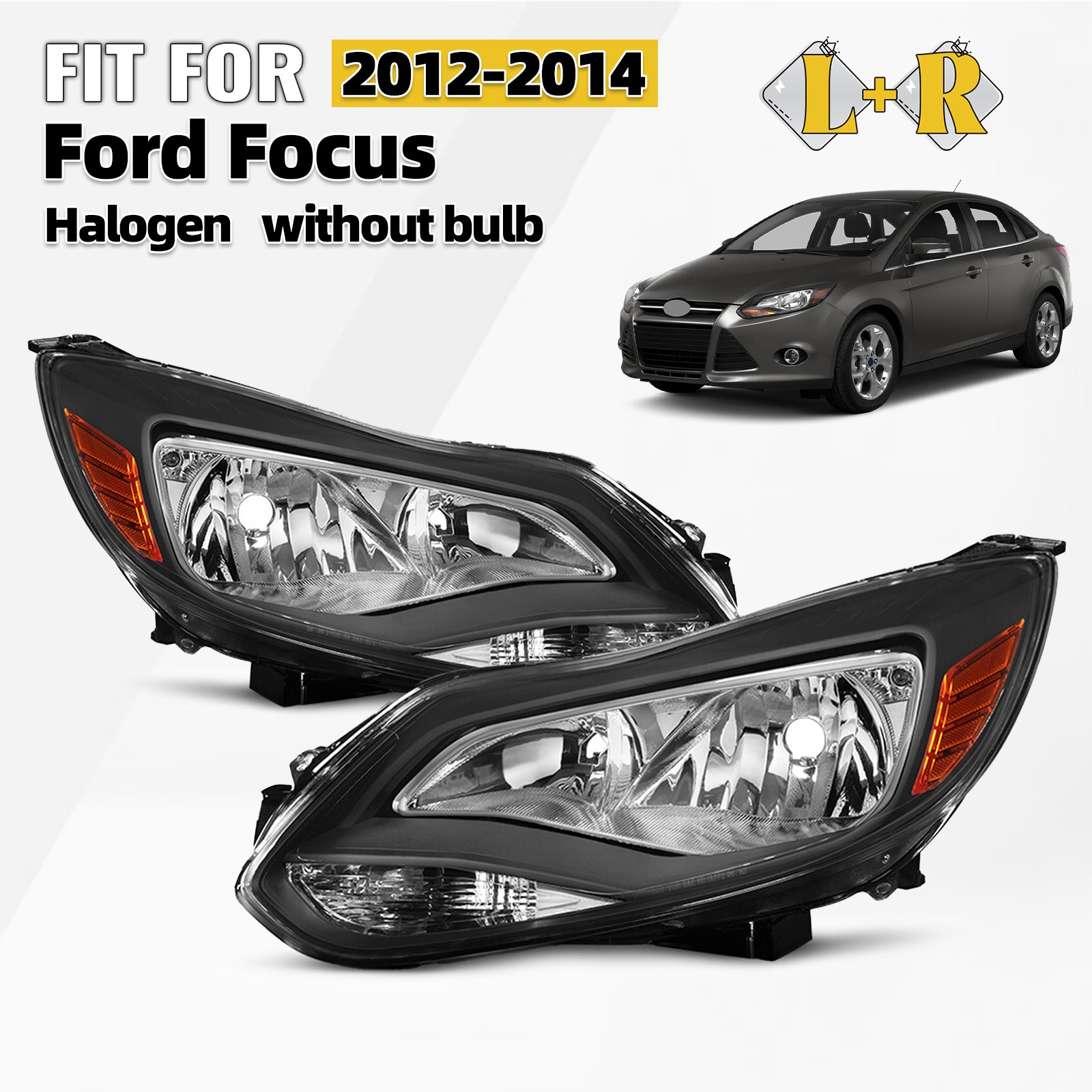 Halogen Headlights For 2012-2014 Ford Focus without Bulbs Black Left +Right Pair Halogen Headlights For 2012-2014 Ford Focus without Bulbs Black Left +Right Pair