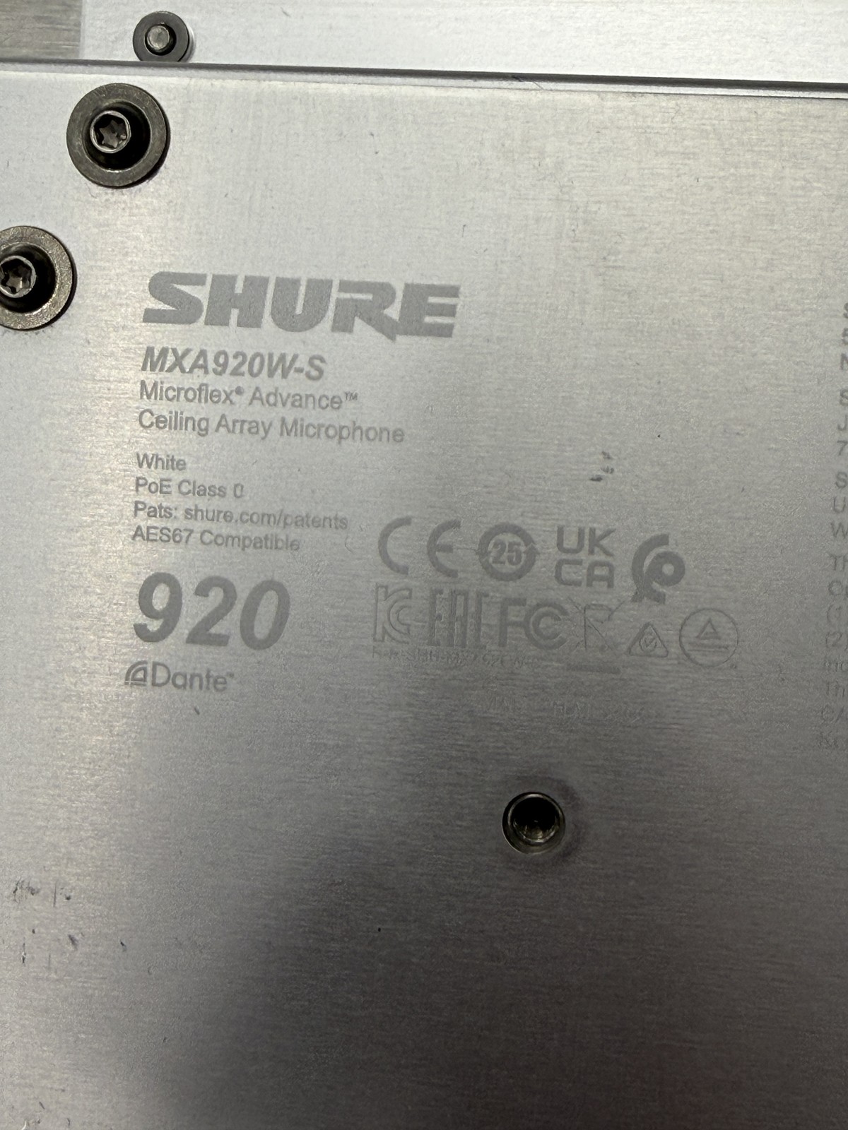 Shure MXA920W-S Microflex Advance Ceiling Array Microphone White Dante - Used