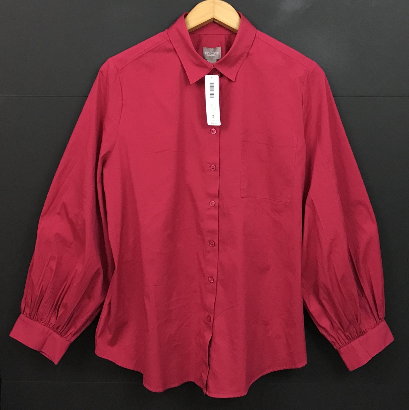 NWT Chicos Puff Sleeve Button Front Blouse Pink Stretch Cotton Top Size XL 3
