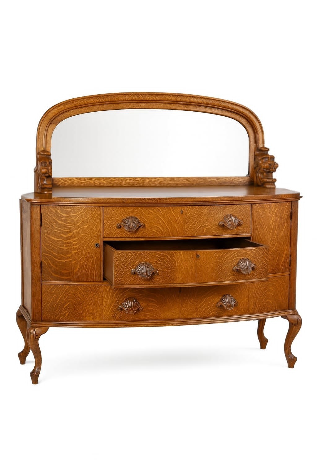 Antique Tiger Oak Server w/ Mirror – Hand-Carved Tiger Heads & Wooden Americana